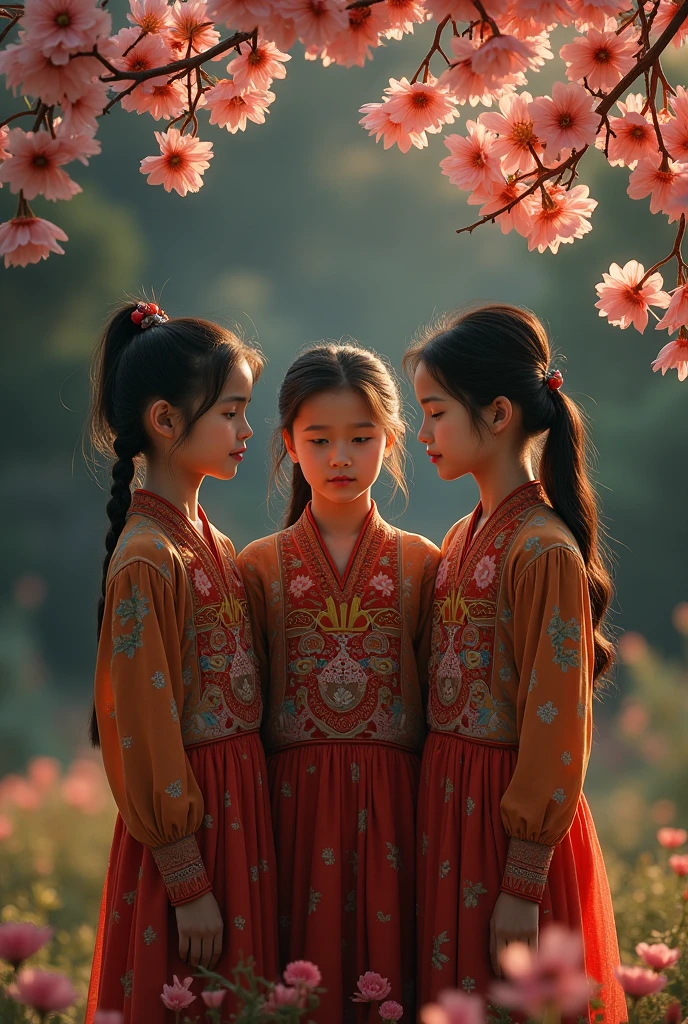 Twin boy, (((gold and red dress))), flowers, jewelry, long sleeves, wide sleeves, chinese clothes, hanfu, embroidery, long skirt, long flowing hair, detailed face, detailed beautiful eyes, (intricate:1.3), (arcane aura:1.2), (dreamlike:1.3), (subtle mist:1.1),(vibrant colors:1.2), (detailed hair:1.3), (ultra realistic details:1.5),