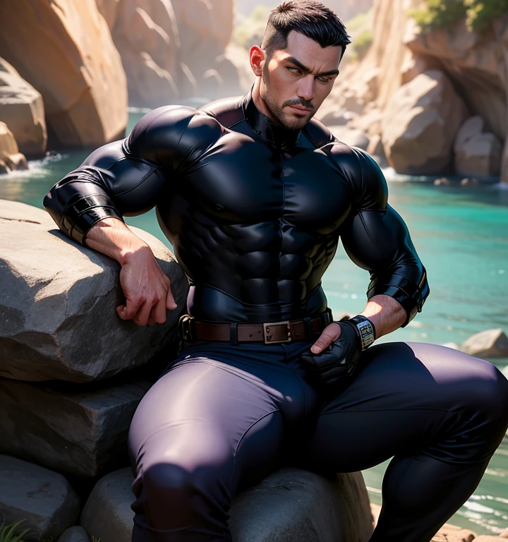 Arad man in white and black clothes sitting on sunny seashore, muscular male hero, conceptual art like Ernest Khalimov, heroic male pose, muscular! Wearing black sunglasses, round head Buzz Cut, cyberpunk, stealth suit, super buff and cool, high resolution commission, Chris Redfield, crystal water ring special effects around wrist, Jigachard muscle, Ernest Khalimov body, character design police, black military boots, charismatic strong male with armor