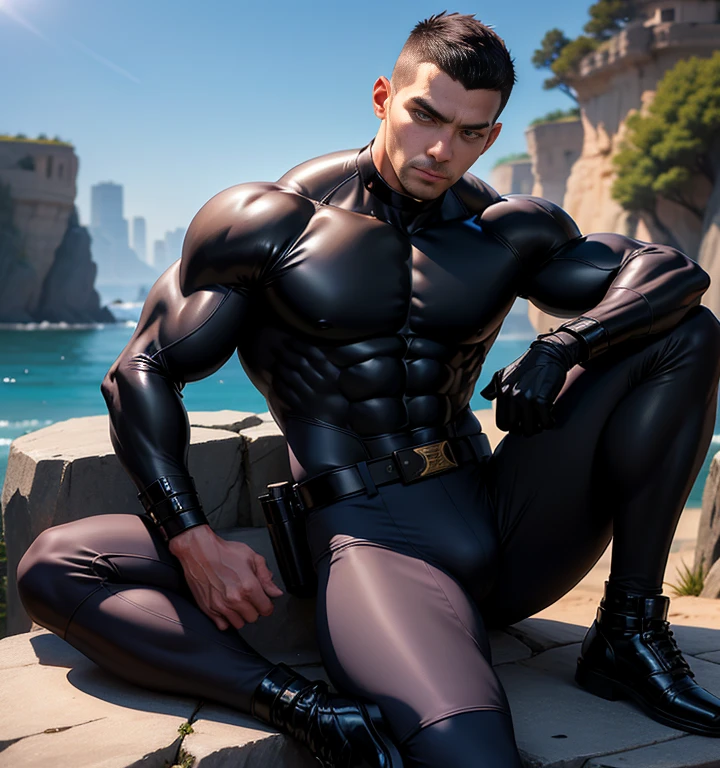 Allard man in milky white clothes, lying on the sofa stained with milky white Slime, muscle hero, Buzz Cut, tall and burly, muscular! Wearing black sunglasses, tall and burly, stealth suit, symmetrical patterned texture design tights, super buff and cool, high resolution committee, character design (Resident Evil - Chris Redfield), black military boots, attractive strong man, sunlight shining through the window