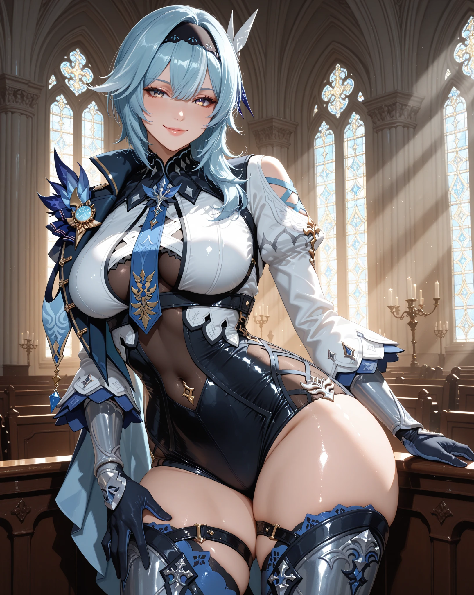 (official art、nsfw、highest quality、Unity 8k wallpaper、32K、masterpiece、super detailed、超high resolution、realistic、Photoreal:1.2)、(cinematic lighting:1.2)、fire glow effect、film grain、best shadows、rim lighting、side light、(Super detailed and complex 3D rendering)、swiss countryside、very beautiful background、detailed beautiful face and eyes、(Beautiful and sharp pupils)、masterpiece, high resolution、highest quality, ultra high resolution, maximum resolution, very detailed, professional lighting, beautiful skin, 28 year old woman、silver hair、Hololive、(((Shirogane Noel、knight、armor、warrior、Kneeling、kneel down、dress lift、skirt lift、lift the skirt yourself、royal palace、royal palaceの寝室、Castle、Sheer side tie panties)))、Sweat、(((Showing off white thin side panties)))、(((sexual excitement、blush、Very embarrassed、Sweat)))、(((super low angle)))、((accurate human body structure))