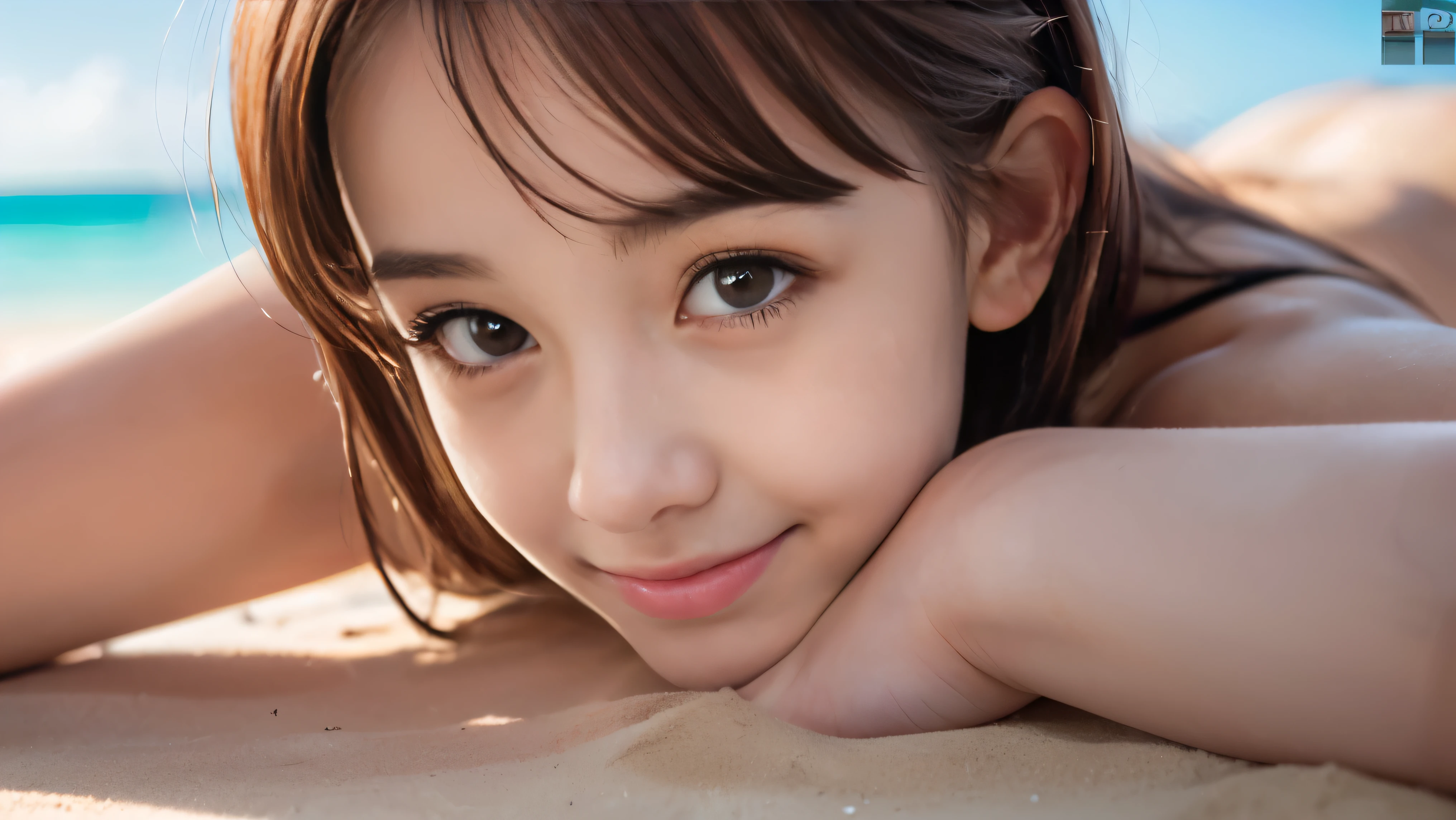 Highest quality, Tabletop, (Realistic:1.2), Female Pervert, Brown Hair, Brown eyes,front, Detailed face, Beautiful Eyes, They are having fun on the beach. They look like they're having a lot of fun playing on the beach . They accessorized the little things.., A silver bracelet on her wrist. While playing, The girl was enchanted by the colorful, sparkling seascape.. She is wearing cute heart-shaped earrings and a matching necklace.、She is smiling in the bright sun、Beautiful Face、Blue Bikini、Big Breasts、thin、stand