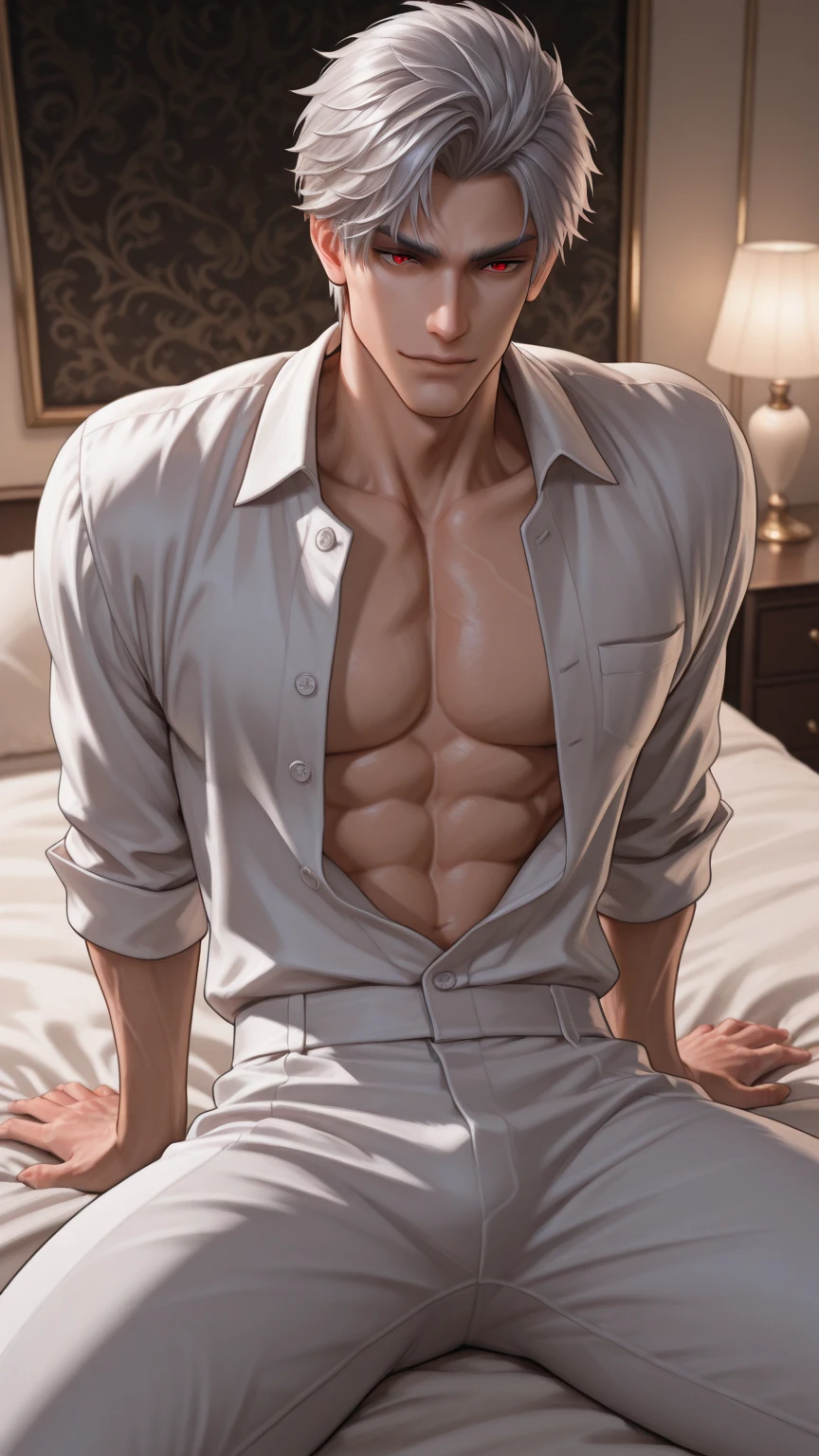 (absurderes, A high resolution, Ultra detailed, hdr), Masterpiece, Best quality, Portrait of a boy, Handsome boy with red eyes, Detailed face, Professional photo, The Alafed man is shirtless, Lie comfortably，Lie in the bathtub，foamy，Eau，legs are open, (puffynipple(From below:1.1)), Focus on your audience,18 year old boy, Handsome boy, [ Firmly defined body ]，Soaked shirt open，Abs，chest muscle，short white pants，large bulge，Black leather shoes，Close-up of feet，prinz，Two legs，
