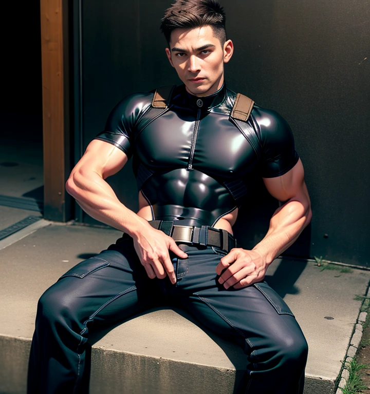((Best Quality, 8K, ultra-detailed, Masterpiece: 1.3)), 1boy, shiny skin, sharp, Perfect Body Beauty, realistic shaded perfect body, (kpop idol:1.1),("mesh bodysuit, techwear,big bulge ":1.2),("leggins , armor":1.1),("glove, armor":1.1 ),(techwear)(dynamic pose:1.1), thigh , battle field , (bulge focus:1.2) ,squatting, unrealistic wide hips , unrealistic wide pelvis, broken mesh bodysuit , This photorealistic portrait combines the style of National Geographic., Capture every detail of his textured skin in 8k resolution. Leica digital SLR camera. His features were clearly visible., From the deep-set eyes to the chiselled jawline., Make this image a true masterpiece..Lift. (8K UHD、RAW Photography、Photorealistic Portrait Leica Digital SLR、Lifelike images)