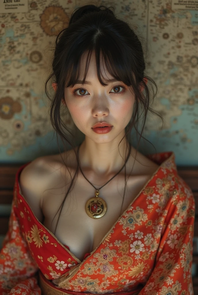 Cute chinese girl, wears chinese traditional shirt, out from shirt, i can see her pussy, fatal position, realistic