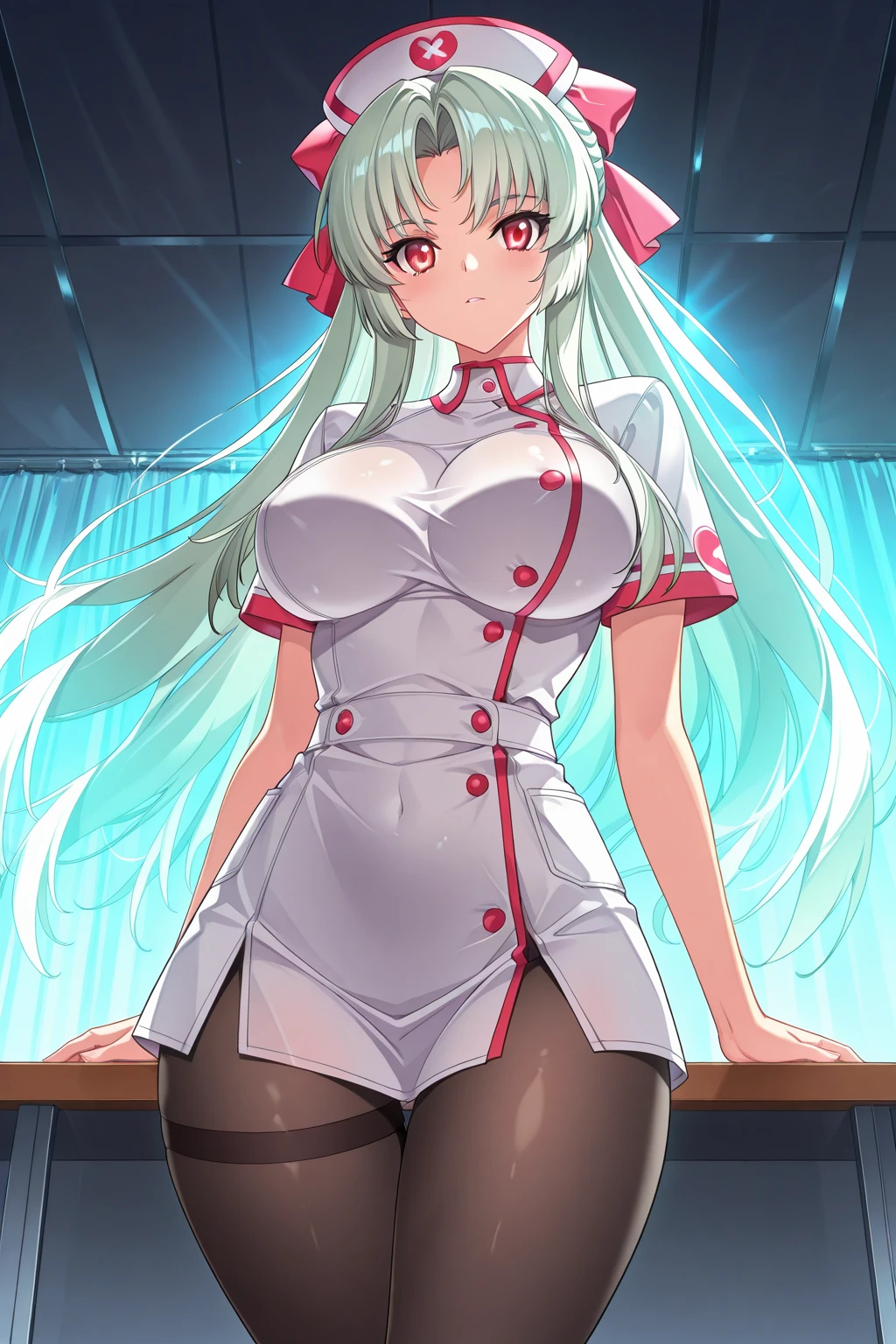 nurse outfit, large breast, big breast, cleavage, long green hair, blue eyes