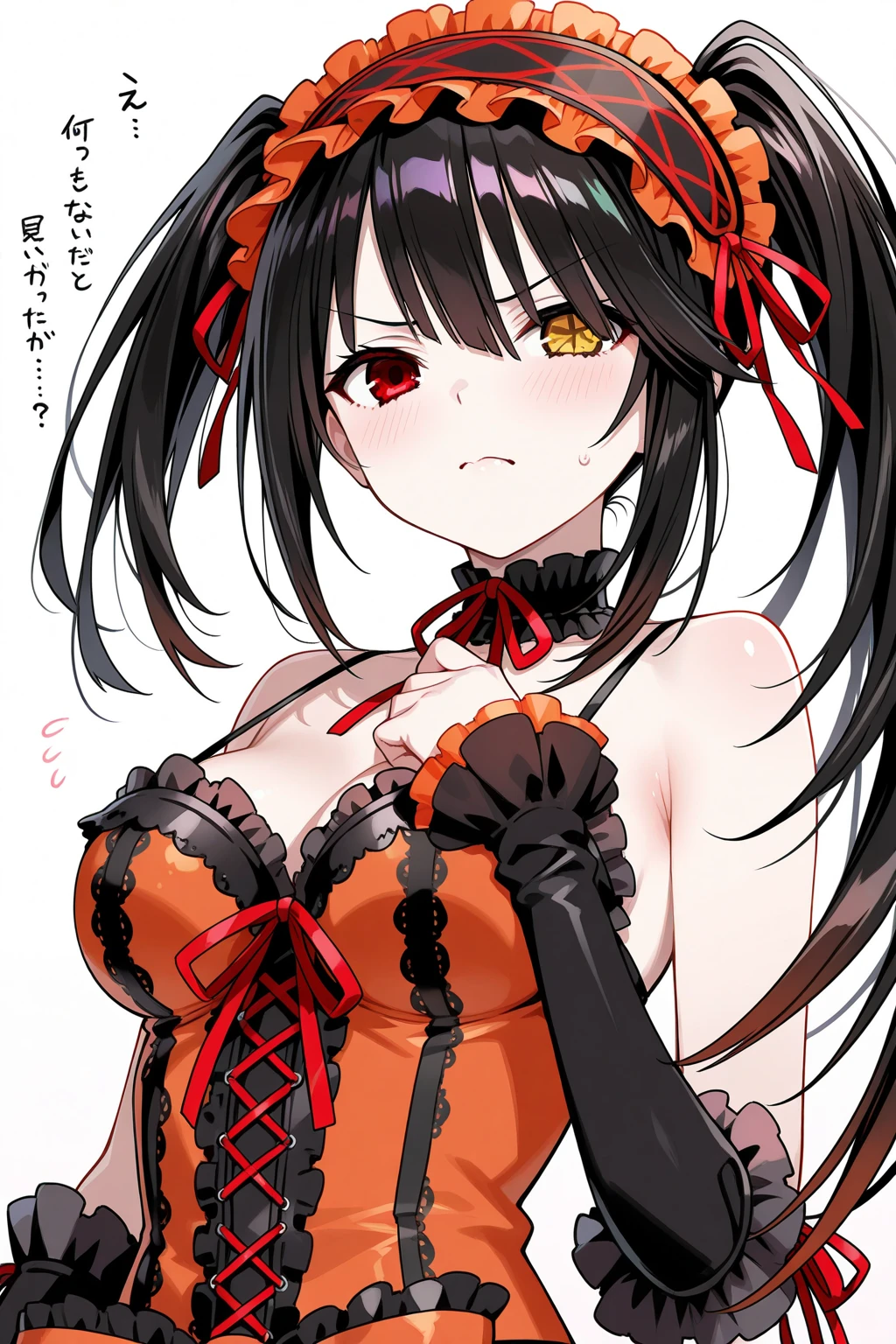 score_9, score_8_up, score_7_up, source_anime, kurumitokisaki, kurumi tokisaki, black hair, red eyes, long hair, twintails, yellow eyes, hairband, heterochromia, dress unbuttoned, red dress unbuttoned, bare shoulders, collarbone, choker, bowtie, red bowtie, detached sleeves, corset unbuttoned, frills, cleavage unbuttoned,sitting,legs open, looking at viewer, cowboy shot, dutch angle,showing naked breasts, medium large breasts, showing naked breasts ,naked breasts nipples,semi naked,loli,short height,(cowboy photo: 1.5)