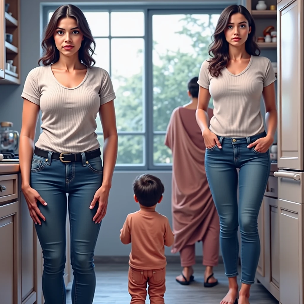 Woman wearing a green long sleeve crop top, blue jeans, 50 years old, (with her small children) , kitchen , Show navel, Show your belly,  Revealing a large area of the abdomen around the navel., Realistic navel shape, Very low waisted pants , Beautiful stomach, 