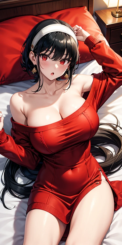 adult woman, red lipstick, closed eyes, blind, bandage on eyes, ling black hair, red dress, open belly, open breasts, open legs, smile, Masterpiece, best quality, Full HD, 8k, ultra details, great graphic