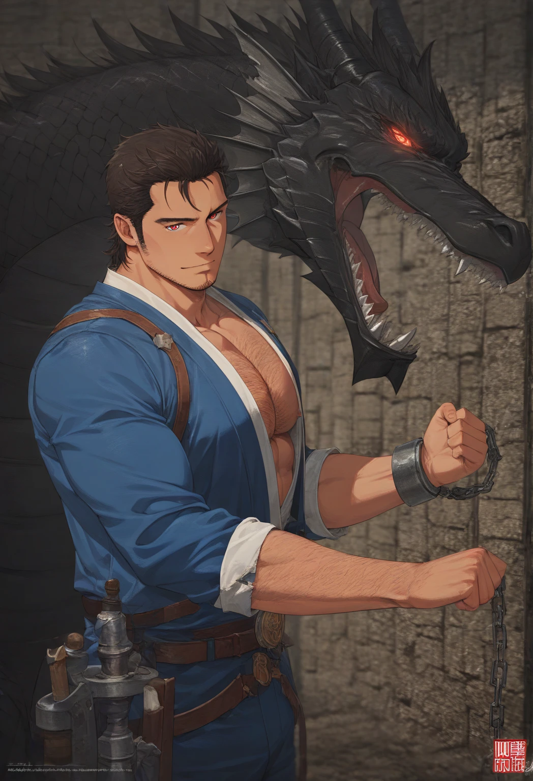 Huge muscles,((Huge erect penis)),Ashton,Robe,Red Dragon and Red Dragon,Two Dragons,紫のRobeに青いマント,Black Bandana,Her hair is chestnut brown and medium-long and straight.,Wield a small sword,Massive ,A crying face enduring pain,宝石の装飾がついたRobe留め,Bodysuits