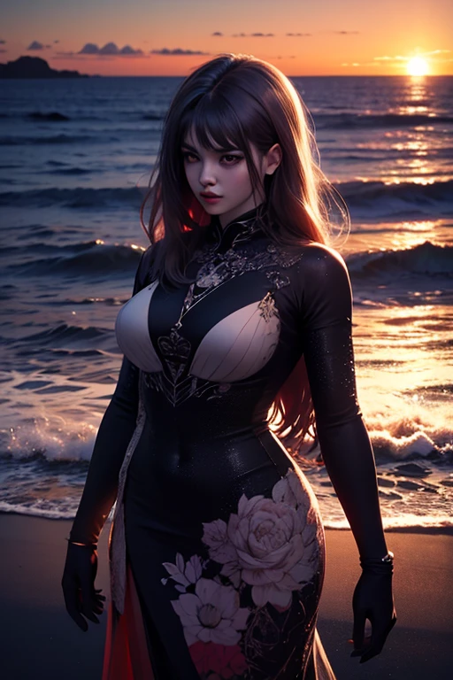 full hd 8k, Girl standing in front of a dark night scene, full moonlight reflecting on her beautiful face. Her long, silky hair was gently blown by the night wind, creating a gentle and romantic feeling. She is walking on a large beach. She looked up at the starry sky, as if searching for something, her eyes showing a pensive and lonely look. The full moon shines in the night sky creating a beautiful scene. The girl has long, silky hair, creating a luxurious and noble beauty. The moonlight shines on the girl's delicate face, highlighting her large, round light brown eyes, creating a natural, gentle beauty. She wore a little sexyly red dress to create a sexy beauty. Her plumble breasts were exposed, revealing her plumble and extremely sexy breasts. These images capture detailed panoramic portraits and views of the sky and sea. All create a beautiful, wonderful picture that makes people unable to take their eyes off the scene. All of these details are depicted clearly and sharply, creating sexyly poses,