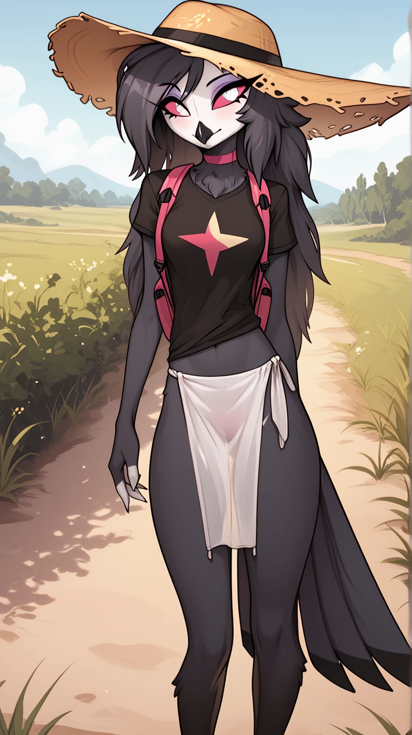 a beautiful and detailed image of meru , merunyaa,(red skin:1.3), horns,clothed,(freckles), flowing white dress,backlighting, field of flowers, holding flower, flower hair accessory, yellow eyes,smile, clouds,in front, alone, pants, medium breast,, knife holding, cloak, cape, walking, pants, solo, flip flops boots, full body, big breast