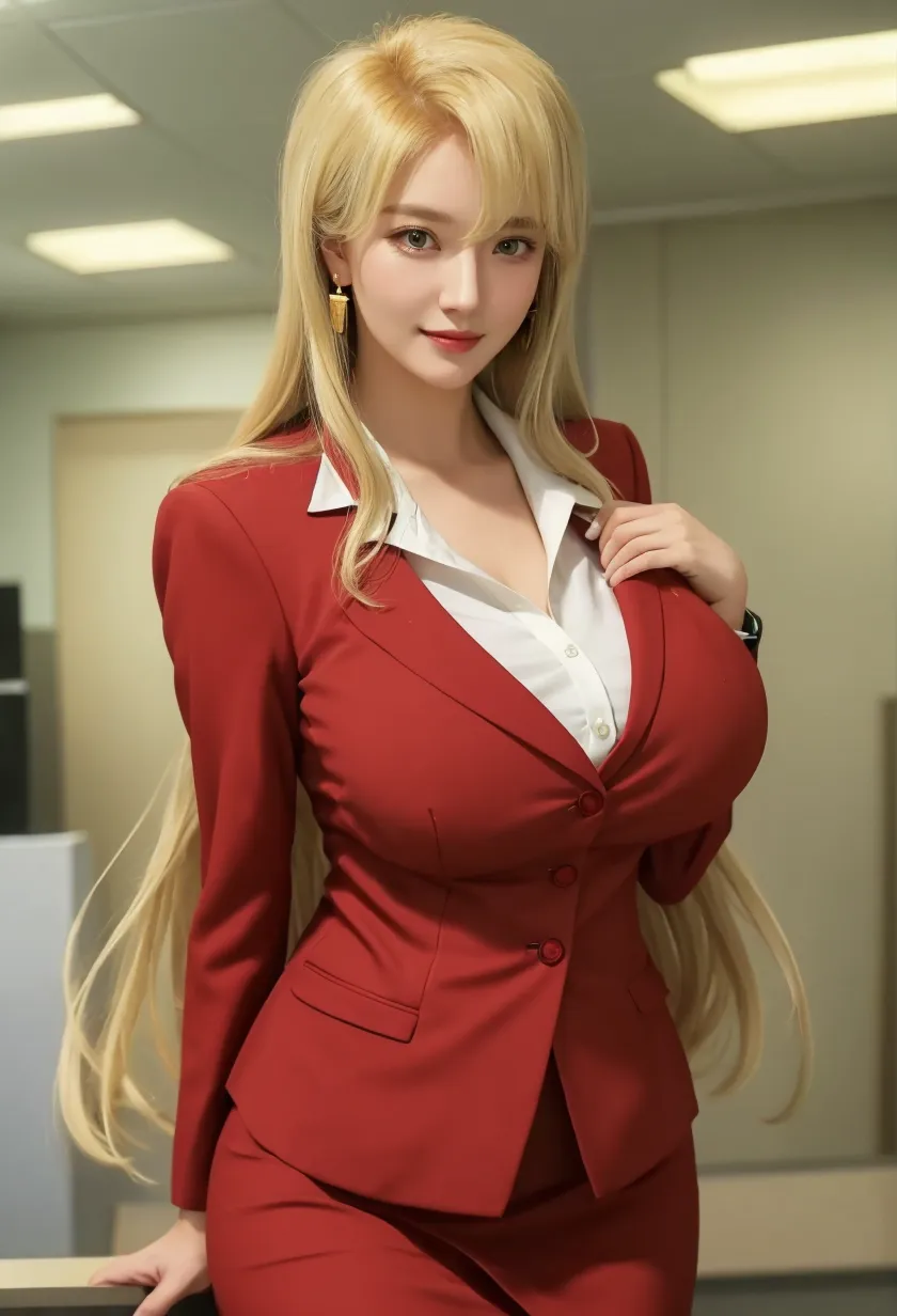 realistic, High resolution, soft light,1 female, alone, waist rises high, (detailed face),(Female student),colorful hair、shortcut,wear,long hair、(ponytail)、((Upskirt))(hyperrealistic), (high resolution), (8K), (extremely detailed), (best illustration), (beautiful detailed eyes), (best quality), (super detailed), (masterpiece), (wallpaper), (detailed face), solo, (dynamic pose), 1 girl, white wavy hair, European , heterochromic eyes, ((apron)), big breasts, long legs, tightens abs, (camel toes), (black stockings), (thick lips), (red suit, shirt, red jacket, red tight skirt, black pantyhose), standing proudly in front of the blackboard, classroom, professional lighting