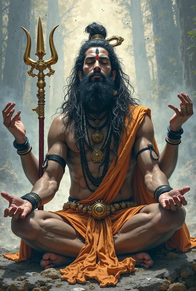Long hair and tie in top of head long beard masculine man having third eye in his forehead meditating in the universes and having a background of sun amd moon . A image of powerful yoga practitioner having divine power and enlightenment knowledge giving man more fiber muscle and veins in body . Real third eye . Mobile phone wallpaper . Having big veins add 3 line of shiva add snakes