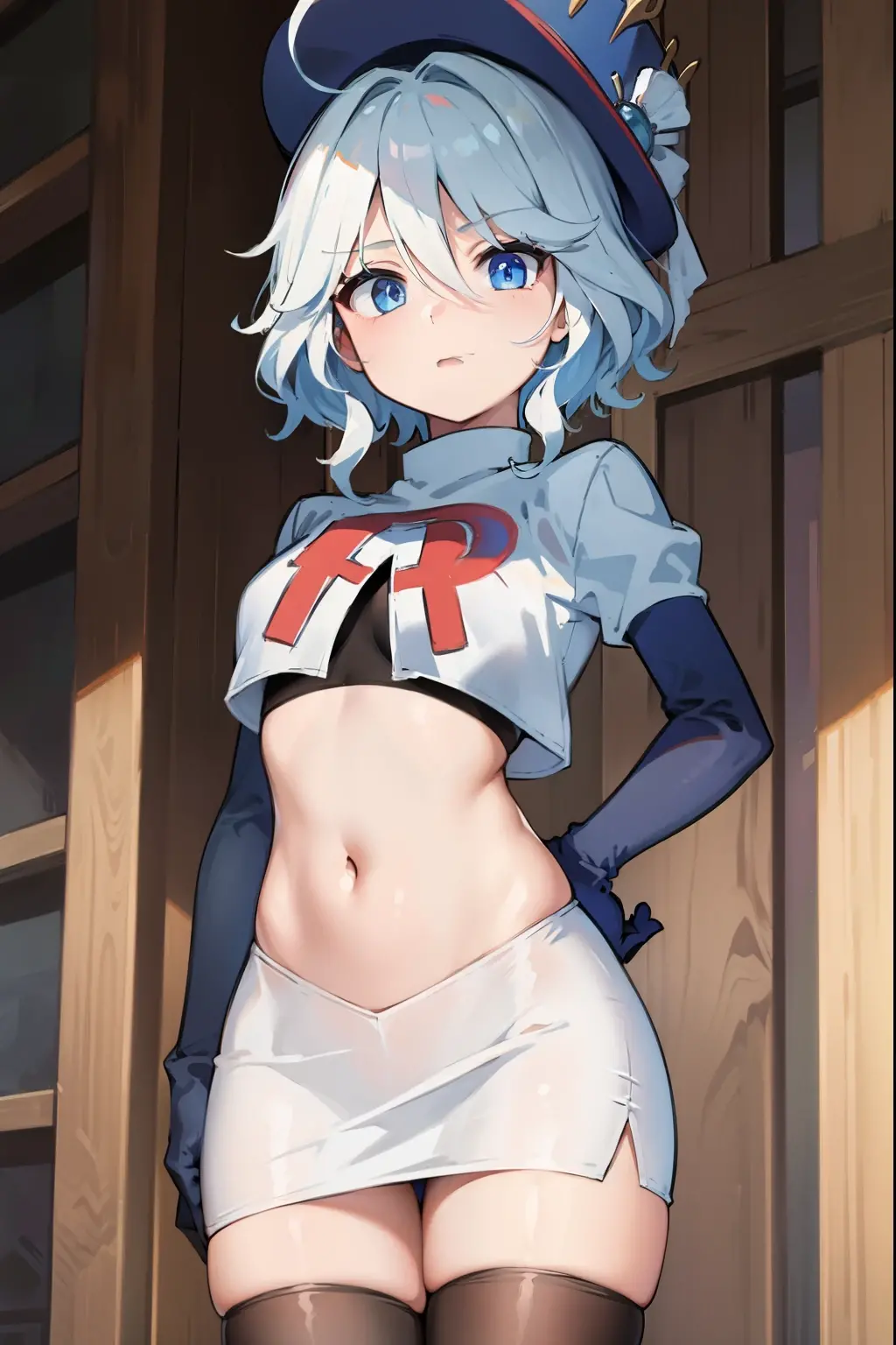 (Realistic painting style:1.1), masterpiece, best quality,  absurdres, looking at viewer, solo,kallen kaslana (sixth serenade), kallen kaslana, white hair, ahoge, 1girl, solo, blue eyes, braid, looking at viewer, gloves, smile, long hair, braided ponytail, bangs, hair between eyes, (large breasts:0.8), hair ornament, single braid, team rocket,team rocket uniform,white skirt,red letter R,crop top,black thigh-highs,black elbow gloves,