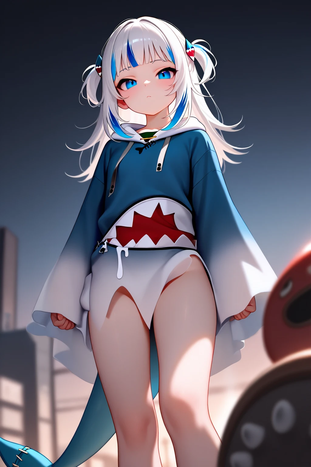 (masterpiece, best quality:1.2), extremely detailed, ambient soft lighting, 4K,
1girl, solo, standing, full body, upper body, from below,
white hair, long hair,
blue eyes, looking at viewer,
blue hoodie, shark print, long sleeves,
highleg panties, white panties, lifted by slef,
outdoors, sea, ocean, water, partially submerged,
<lora:highleg panties:1> <lora:gawr_gura:1>