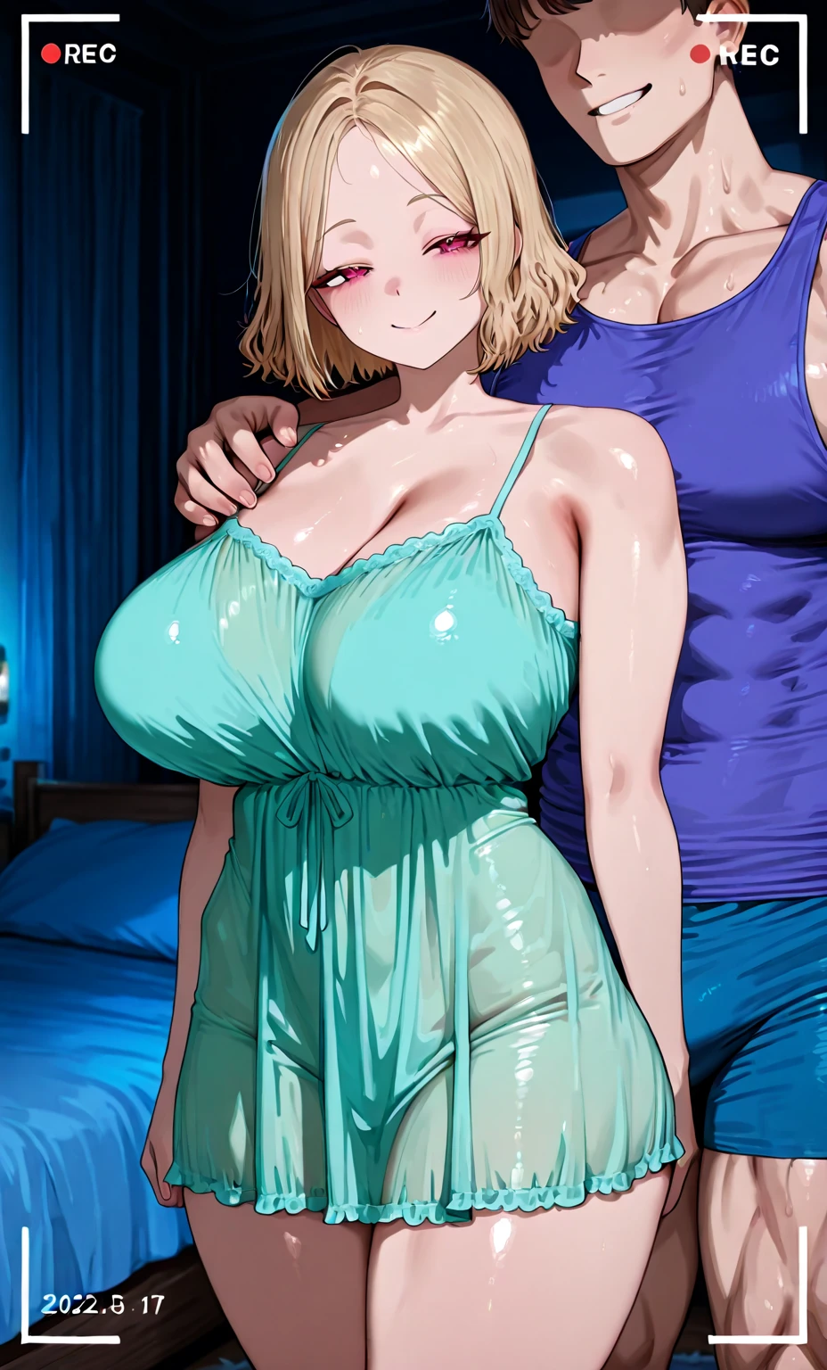 ((Tabletop, Highest quality, High resolution, Pixel perfect, 4K, nsfw)))、1 Girl, Beautiful woman、((Armpits licked by two middle-aged men))、((short hair, Long sideburns、Blonde)), ((blue eyes, Beautiful eyelashes, Realistic eyes)), ((Detailed face, blush:1.2)), ((Smooth texture:0.75, Realistic texture:0.65, Realistic:1.1, Anime CG Style)), ((Muscular))、((Huge breasts、Thick thighs)), Perfect body、Inside the train at night、((((Embarrassing、blush))))、((Sweat))、Are standing、(Put your hands behind your head、Armpits)、White Panties、White Bra