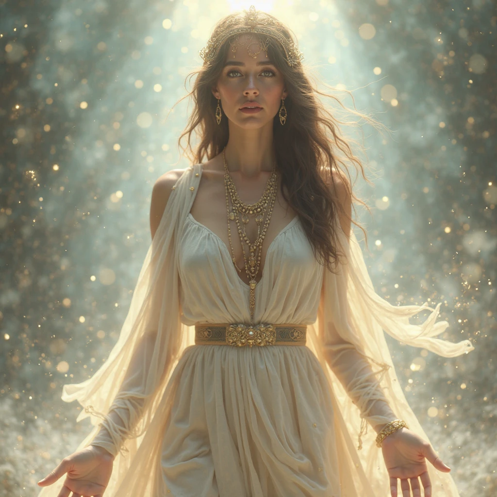A brilliant image of Metis, the Greek goddess of wisdom, standing in a translucent temple filled with golden light. She wore a white chiton dress with a silver and gold cat owl pattern, Symbol of wisdom. The serene face shines with wisdom, deep eyes sparkle tenderly. Wavy black hair crowned with bay leaves and stars. One hand holding a glowing scroll of paper signifying knowledge, with the other hand holding the faint prophetic orb. The background is a starry sky and clouds suggestive of Zeus, allusion to tragic fate. fanciful, high detail, 4K, Classical Greek Renaissance art style