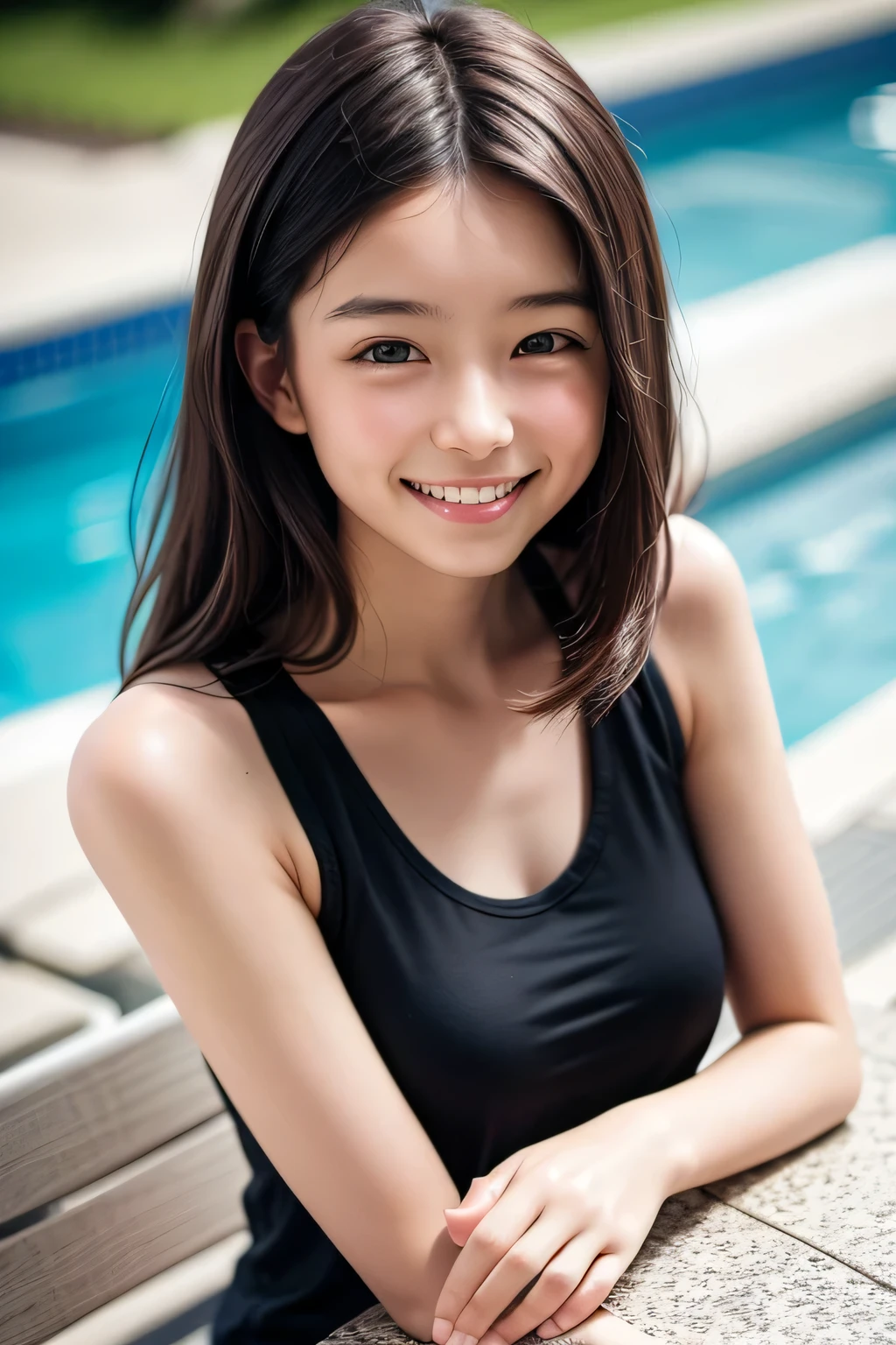 Best-quality, Masterpiece, Ultra-High-Resolution, (Photorealistic:1.4), Raw-Photo, 1girl, 15-years-old, the most popular Japanese idol, wearing sports-wear, twinkle-smile, (extremely cute face like the most famous Japanese idol, (((extremely beautiful big-black-eyes))), extremely beautiful black-short-cut-haired), extremely beautiful long-eyelashes, extremely beautiful lips, extremely beautiful realistic-skins, detailed sports-wear
