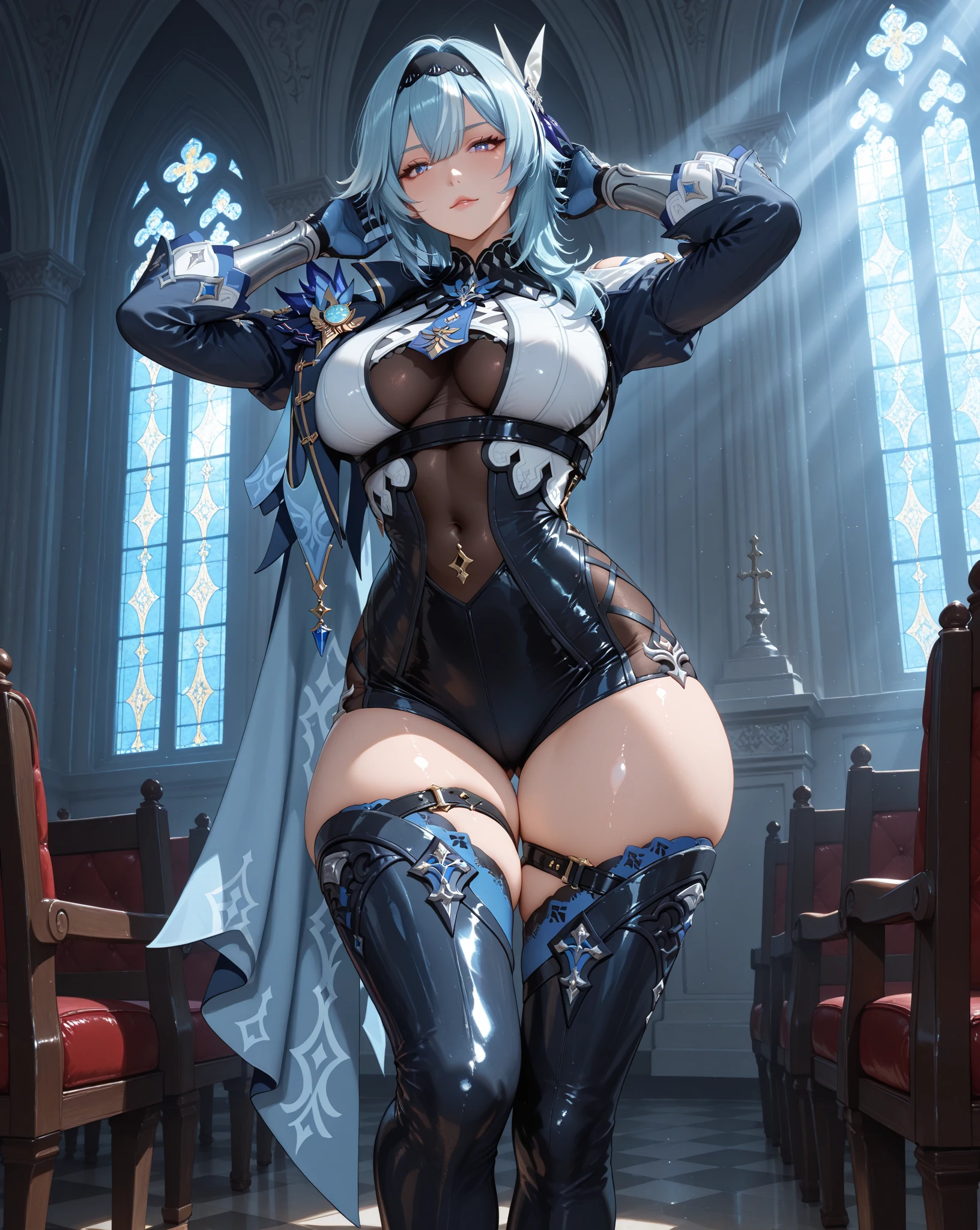 Woman knight、a beauty girl、huge tit、Excellent style、Nice Buddy、glamorous、leotard、s Armor、Bra chest armor、knee boots、gauntlets、hair adornments、silber hair、Longhaire、Ahoge、、is standing、full body seen 、Medieval city、sitting on、Gentle smile