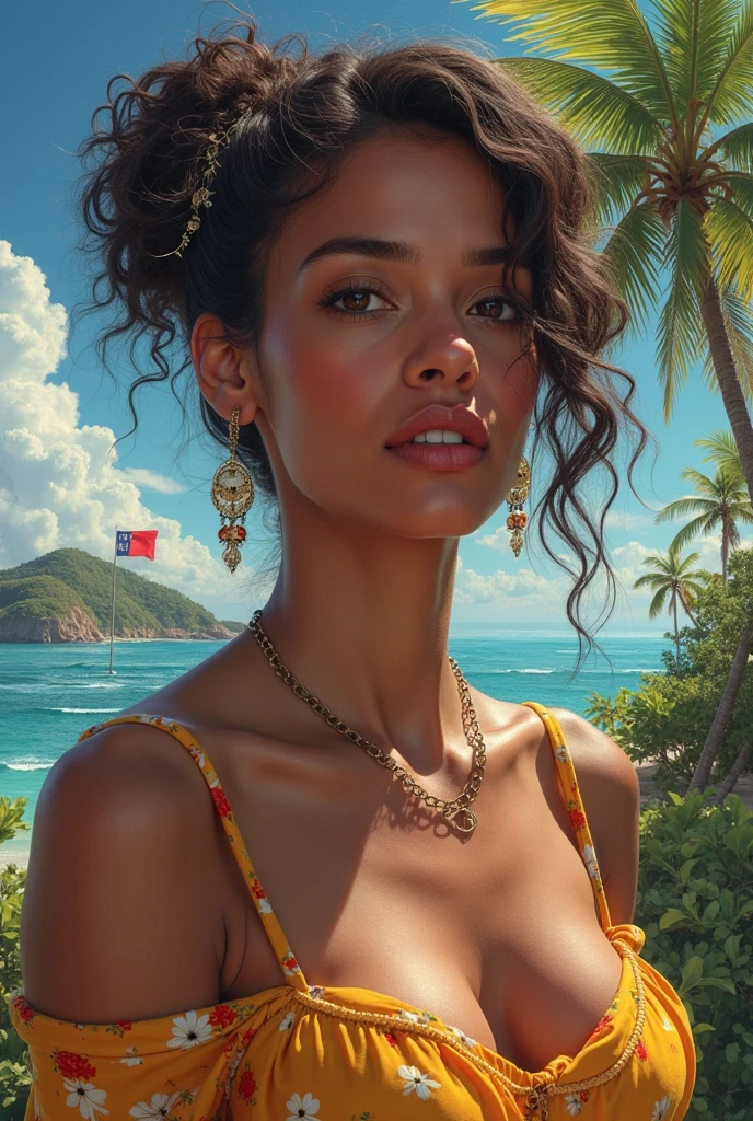 alone, Full body,ear rings, eyelashes, Tights,, (beach,(palm tree),crowd,(White shirt), Floral pattern,Red lips),sexly, impressive smile,, (shiny skin:1.05),(blush:0.9),(Skin indentation:1.15),realisti, masterpiece, highest quality, highres,most absurd, (perfect face:1.1), (keen focus:1.1),, Trends on ArtStation, Trends bei cgsociety, complicated, High level of detail, keen focus, dramatic,