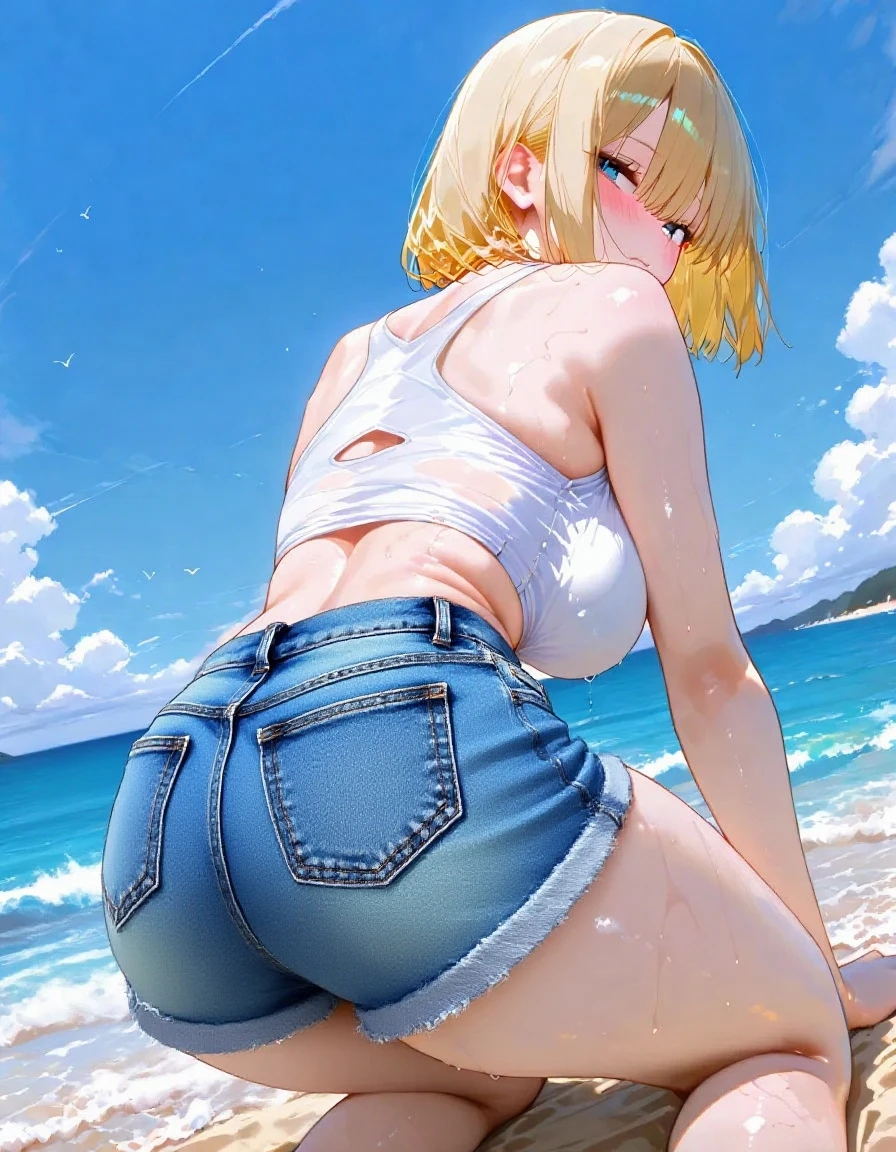 (highest quality, High resolution, perfect pixel, Depth of bounds written, 4K), (from behind), (looking back:1.2), beach, detailed eyes, (1 lady), tall, (skinny body:1.2) , (thin thighs:1.2), (Narrow hips:1.2), large breasts, blond hair, (ponytail:1.2), (yellow cross halter bikini:1.2), (rio cut pants), (panty strap:1.3), (denim short panty around knee:1.4), (standing), (leaning forward), (clear face), sweat,