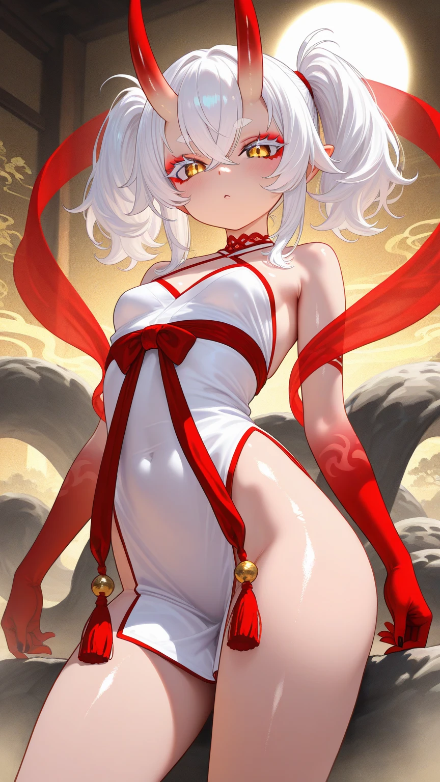 dancer, red dresses doll, showing off, masterpieces, HD, 16K, white hair, white eyes, red rope, scale up, perfect body shape, ghost, spirit, children, 14 years old, cute, spiral, red ribbon, Violence lolita, underboobs, sexy, mind break