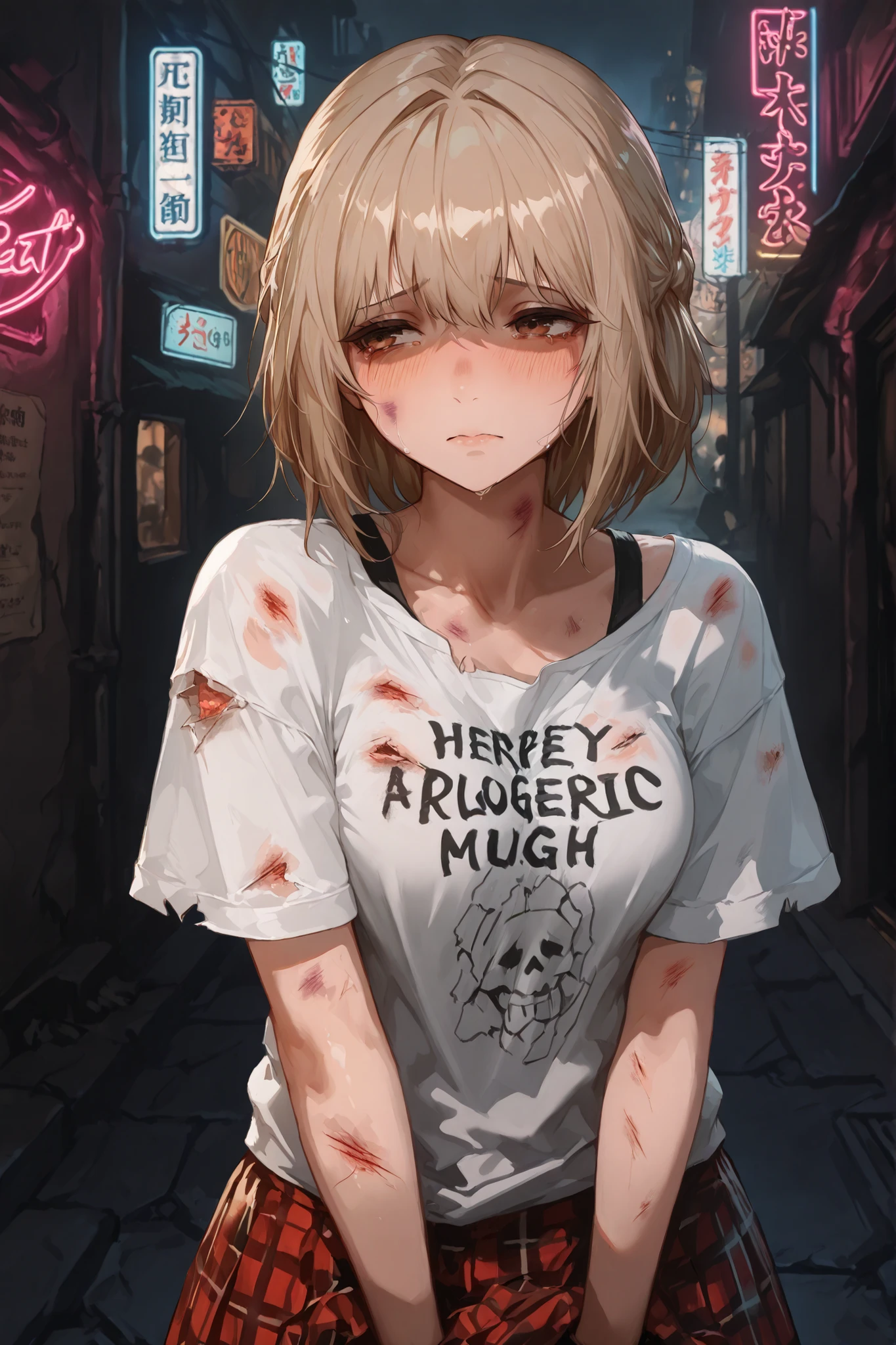 High quality, hd, 4k, masterpiece, detailed illustration, 1girl, solo, shy, ashamed, uneasy, uncomfortable, tattered clothes, modest, innocent, light brown hair, brown eyes, hurt, soft , poor, beggar, somber, macabre atmosphere, alleyway, neon lights in the background, (sad), wounded, (pathetic), messy, (abused), (bruised), painterly, wearing a t-shirt and plaid skirt 
