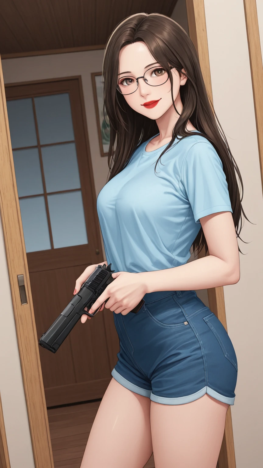 Beautiful dark haired young girl, lying back on a bed, camera view above her looking down, wearing tight denim jeans with holes with ((wide gun belts)), long flowing hair, white tee short with large breasts, (eyes closed, mouth open in a moan), masterpiece, photo realistic, high resolution