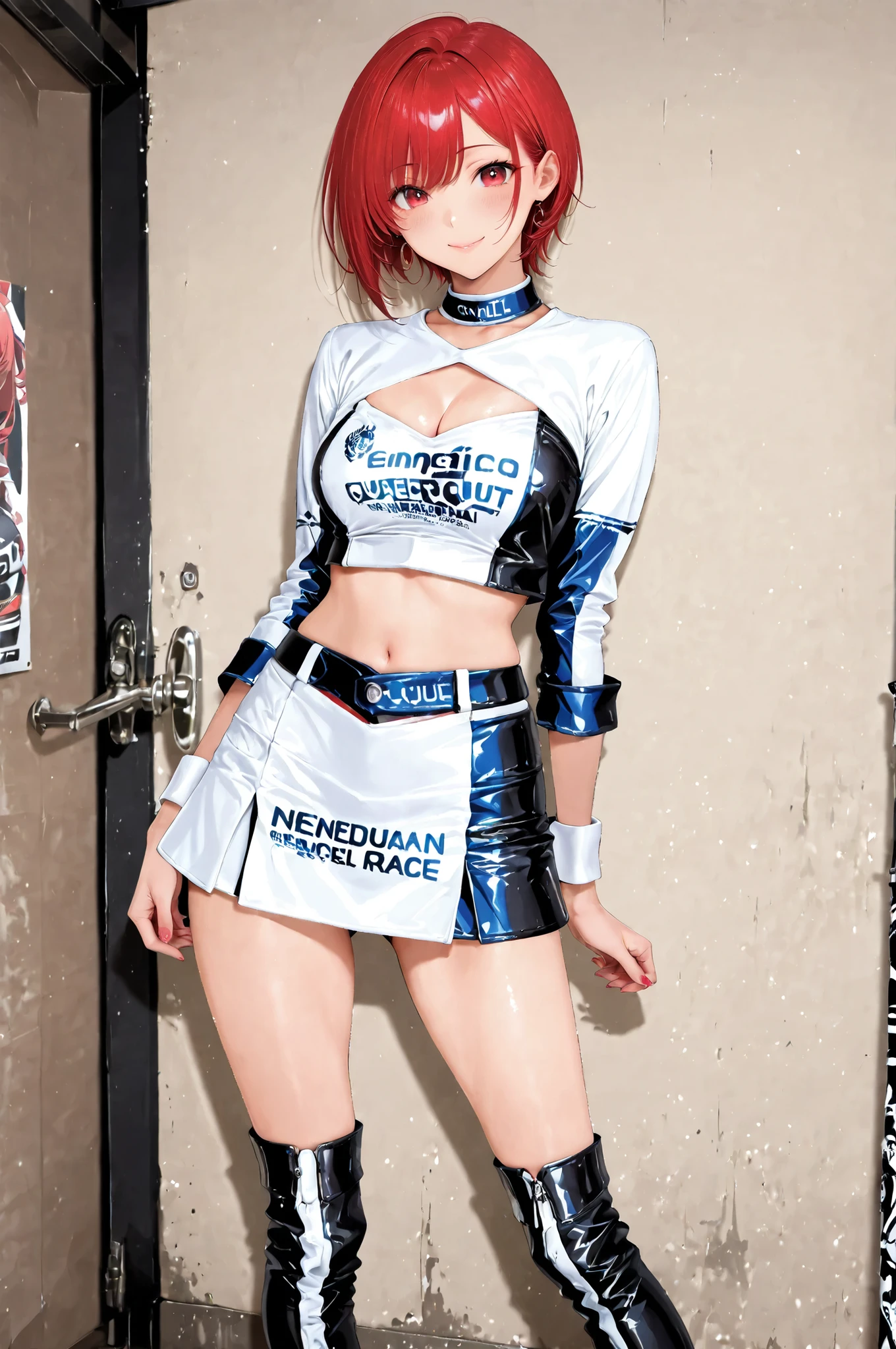 (masterpiece, detailed:1.2),race queen outfit,older sister Red hair with a black base straight short hair Race Queen Outfit enamel knee-high boots red eyes is cool Standing Pose Beautiful woman adult woman micro mini skirt Pichi Pichi Smile Blue and White Outfit