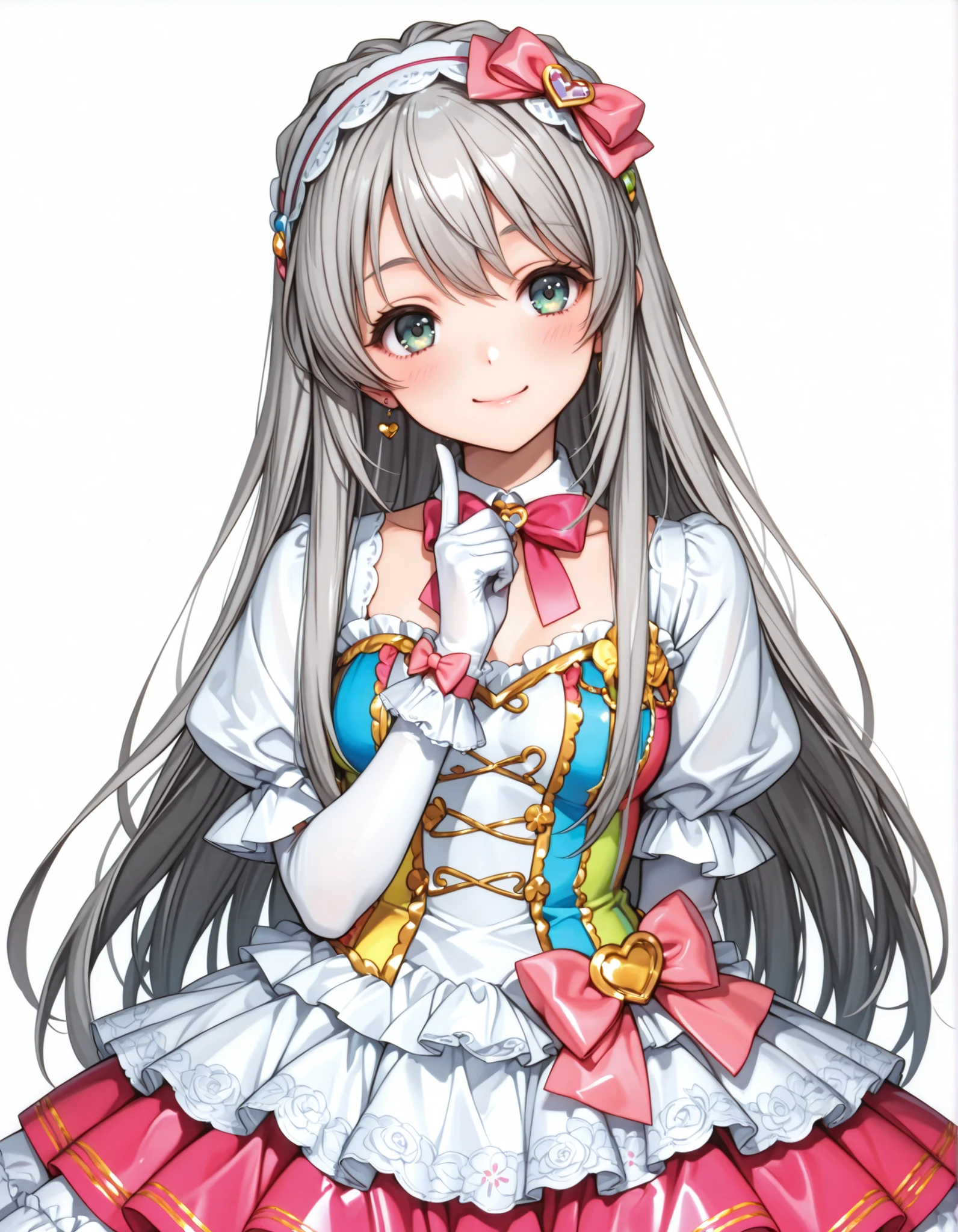 cute idol in colorful costume,colorful colored mini dress,Long-sleeved bolero , ash grey hair,big and voluminous bow tie,white lolita gloves,looking here,tilt your neck slightly and smile,Big Ribbons on the Head