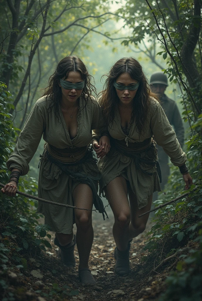 (Best Quality, Ultra-detailed, Realistic:1.37), 2 Mature Women, jeans skirt, (lace stockings with garters), drowning in a swamp, gloomy light, muddy, muddy clothes, covered in mud