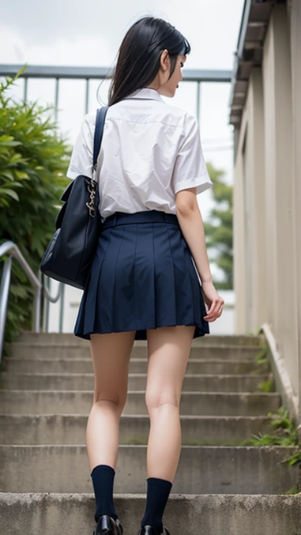((masterpiece)),(((Highest quality))),Thin thighs,Long legs,An 18-year-old high school girl standing on the school steps,White shirt,Blue and red plaid mini skirt:1.5,The best smile,White panties:1.5,Short-cut blonde:1.5,short side wave,Carrying a black backpack,Wear black loafers,Lower body zoom up:1.5,Legs spread and butt sticking out pose:1.5,