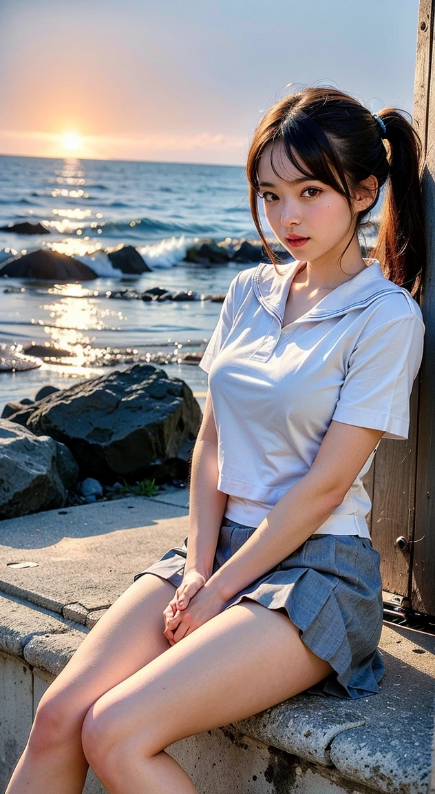 (((Top-down configuration:1.33)))、((No underwear:1.55))、One Girl、Beautiful and detailed eyes and face、barefoot、20 year old cute Japan woman, ((Extremely precise and accurate anatomy:1.0)), (photo Realistic:1.4), (hyper Realistic:1.4), (最高品質のRealisticな肌の質感:1.4), (Improvement of quality:1.4), (Enhances the beauty of skin texture:1.1), Clean and glowing skin, mesh, thin:1.2, (Realistic:1.3), Realisticなライティング, (Smoother lighting:1.05), (Improving the quality of cinema lighting:0.9), Backlight, A gentle light on your face, Ray Tracing, (Bright light:1.2), 32k, One Japanese woman, fine grain, Detailed face, (Film Grain:1.1),(Accentuates body lines:1.1), High resolution, Natural look, Kind eyes, Improves hair quality, Delicate light and shadow, Transparent muscles, Graceful pose, Beautiful Eyes, Sharp details, Soft light reflection, Beautiful contours, Delicate skin tone, Fine hair texture, Natural background, (((sunny day、Beach、A strong wind is blowing、Her hair and skirt are flying、Squat, Traditional navy blue sailor uniform、Open shirt、Pleated skirt、Scooping seawater with hands:1.25、splash、Sandy Beach、Light of the sun、clear blue sea、The waves crash quietly、Blue sky and white clouds、green mountain々、Beautiful Nature、The joys of youth)))、