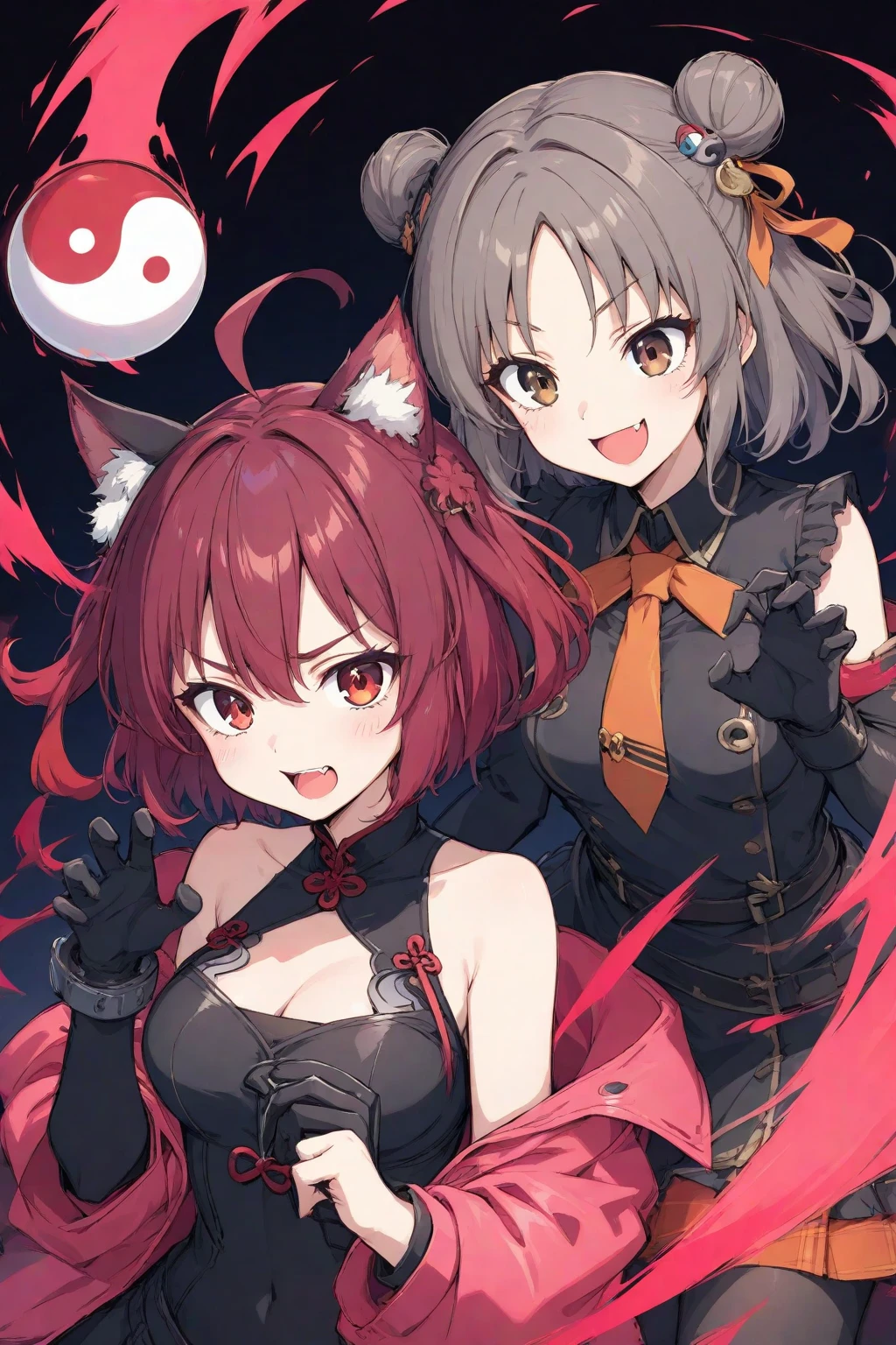 Anime filling,Two-dimensional illustration,Red hair,Half Twin Tail,shorth hair,Big eyes,A smile,a beauty girl,cute little,Super Cute,Black cat ears,Red Eyes,Ruffled Clothes,Black lace clothes,Inner colorGreen,One girl,Full body painting,A masterpiece of 2D art,(​masterpiece,Top image quality:1.3),(detaile:1.2),(女の子1人) --auto