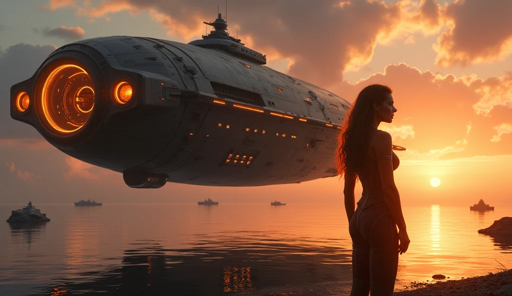 Ultra realistic 16K CG, masterpiece, Best Composition, Photo quality, work of art, Against the backdrop of an imperial star cruiser taking off, Detailed Imperial Star Super Dreadnought , side view, high detail, Lots of elements, flying transports, flying cargo ships, cranes, Manipulators. Sun rays, on the sides there are many detailed artillery batteries, radar emitters, space communications antennas, The Distant Future, naked girl stands on the shore of a cliff, body is dripping wet, Detailed vagina, Face detailing, detailed chest, water drops, transparent tank tops, wet T-shirt
