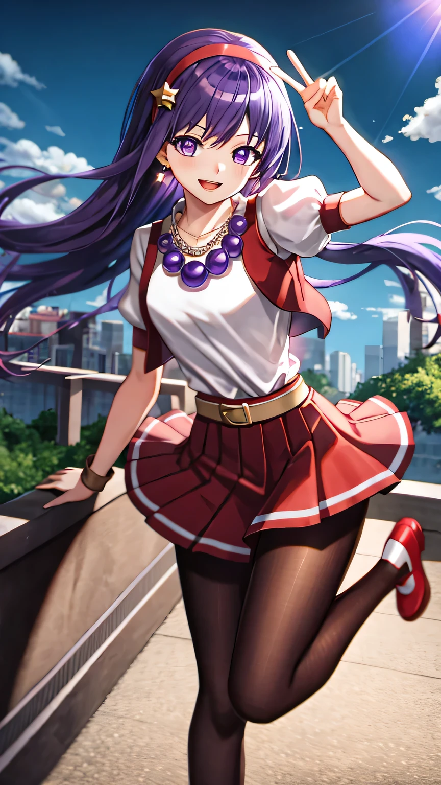 {{{masterpiece}}}, (best quality:1.5), (ultra-detailed:1.5), {illustration}, {{an extremely delicate and beautiful}}, (beautiful detailed eyes:1.6), absurdres, highres, extremely detailed face, 16k, hd, visual anime de uma jovem mulher, extremamente bonito rosto de anime, anime melhor garota, (perfect hands, perfect anatomy), (five fingers:1.1), anime face, Asamiya Athena(The King of Fighters 97), 1girl, solo, cute face, Slender beautiful legs Purple eyes, Purple hair, Long hair, white earrings, red hairband, star hair ornament, medium breasts, thin waist, big hips, curvaceous, BREAK, Red vest, white high-necked, White puffy sleeves, Short sleeves, Red pleated skirt, barefoot, Yellow belt, (purple sphere shape necklace:1.3), (deep red pantyhose:1.3), thighhighs, zettai ryouiki, white short socks, Red shoes, BREAK, open mouth, smiling, flushed cheeks, walking, flushed cheeks, looking at viewer, outdoor, city, building, sky, daytime, cowboy shot