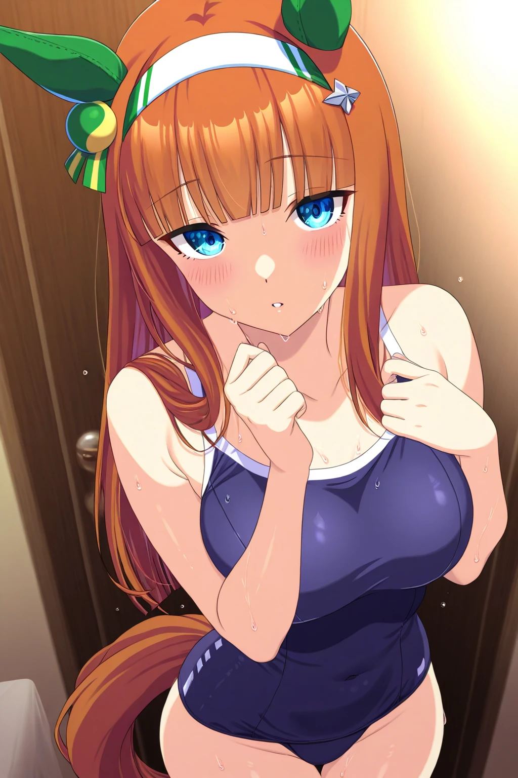 (((lovelive! school idol project,))) (((lovelive!,))) (((Kanata Konoe,))) purple eyes, orange brown hair, long Hair, wavy hair, splash curl hair, 1 girl, long bangs between eyes, (huge breasts,) ((orgasm,)) blush, open mouth, (((gleaming skin, glistening skin, oil,))) (((school swimsuit,)))