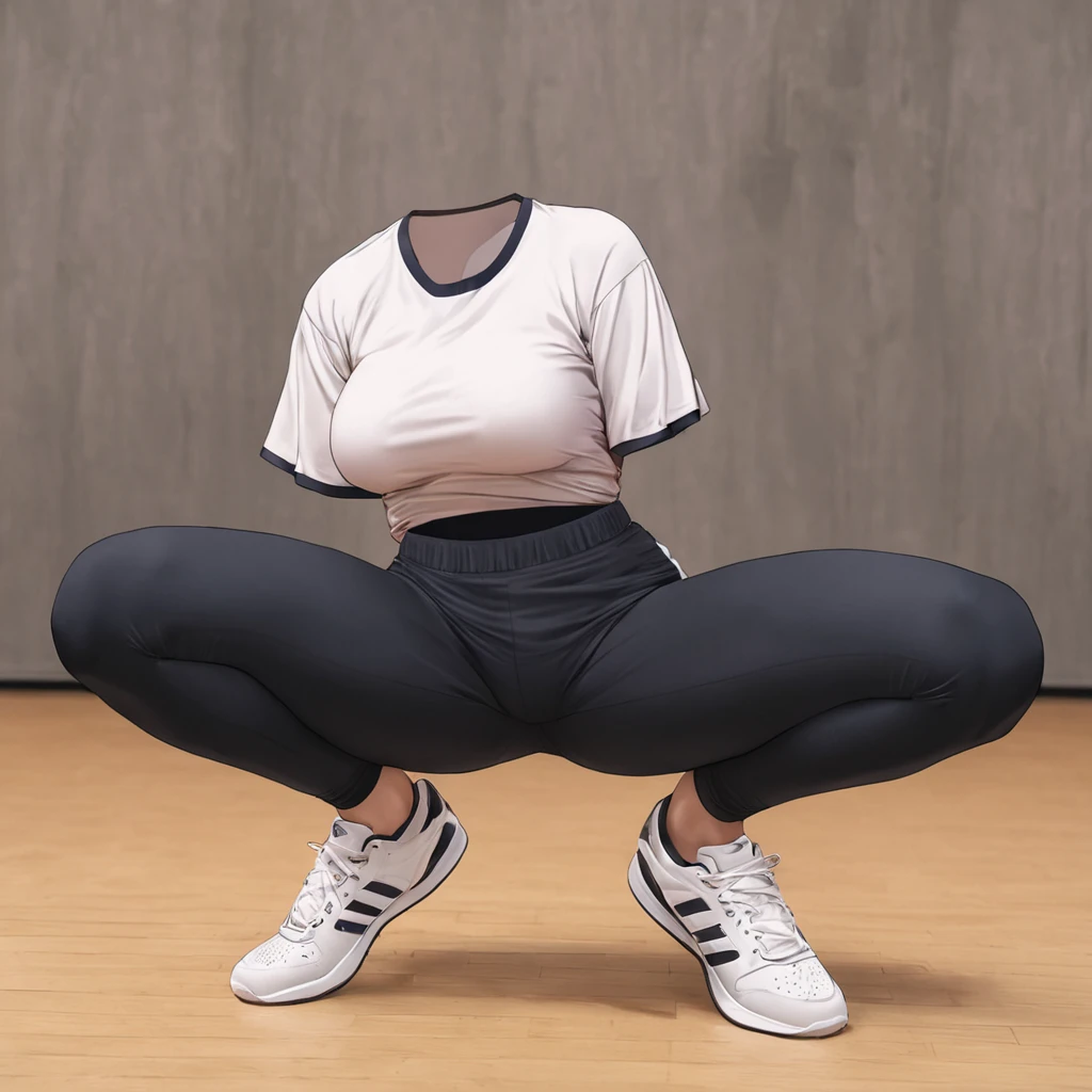 1girl, european girl, the bun hairstyle, light-brown hair, cute face, average breast, embarrassment, oversized black t-shirt,white leggins, without lengire, school gym, school, realistic, source_realictic, deatiling painting, brown eyes, detailing body, camel toe, anus, transparent pants, glasses, squats,