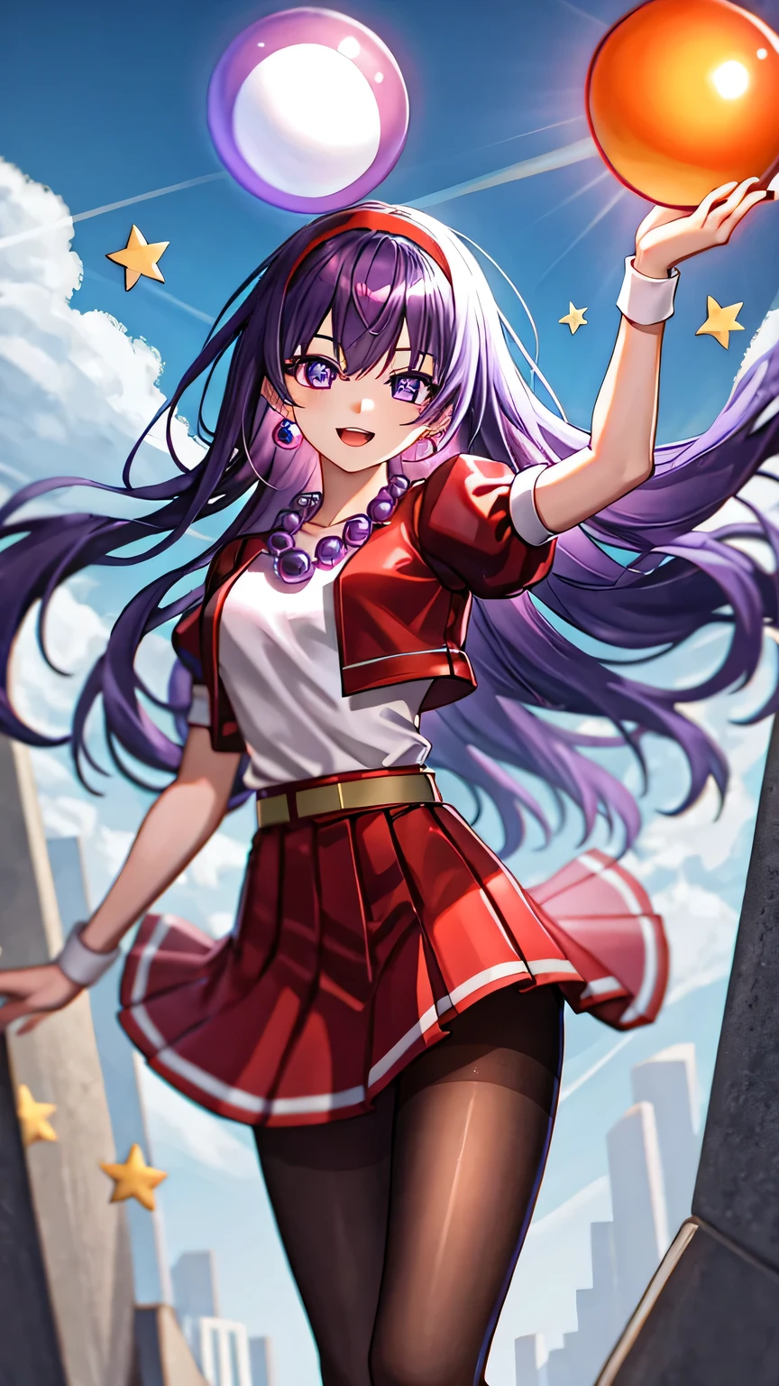 {{{masterpiece}}}, (best quality:1.5), (ultra-detailed:1.5), {illustration}, {{an extremely delicate and beautiful}}, (beautiful detailed eyes:1.6), absurdres, highres, extremely detailed face, 16k, hd, visual anime de uma jovem mulher, extremamente bonito rosto de anime, anime melhor garota, (perfect hands, perfect anatomy), (five fingers:1.1), anime face, Asamiya Athena(The King of Fighters 97), 1girl, solo, cute face, Slender beautiful legs Purple eyes, Purple hair, Long hair, white earrings, red hairband, star hair ornament, medium breasts, thin waist, big hips, curvaceous, BREAK, Red vest, white high-necked, White puffy sleeves, Short sleeves, Red pleated skirt, barefoot, Yellow belt, (purple sphere shape necklace:1.3), (deep red pantyhose:1.3), thighhighs, zettai ryouiki, white short socks, Red shoes, BREAK, open mouth, smiling, flushed cheeks, walking, flushed cheeks, looking at viewer, outdoor, city, building, sky, daytime, cowboy shot