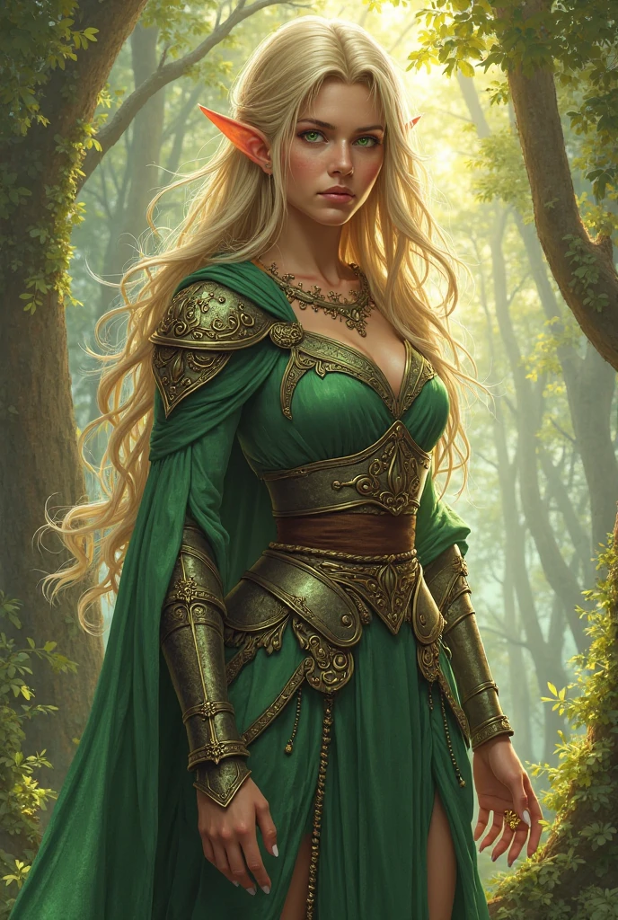 3d render, cgi, symetrical, octane render, 35mm, intricate details, hdr, intricate details, hyperdetailed, natural skin texture, hyperrealism, sharp, 1 girl, woman, (elven:0.6), portrait, looking up, solo, (full body:0.6), detailed background, brown eyes, light blonde textured hair, detailed face, robin hood, dynamic pose, medieval fantasy setting, high fantasy, green leather clothes, capelet, puch, straps, belt, serene forest, bushes, ivy, roots, moss, falling leaves, flowers, birds, feathers, sunshine, mist