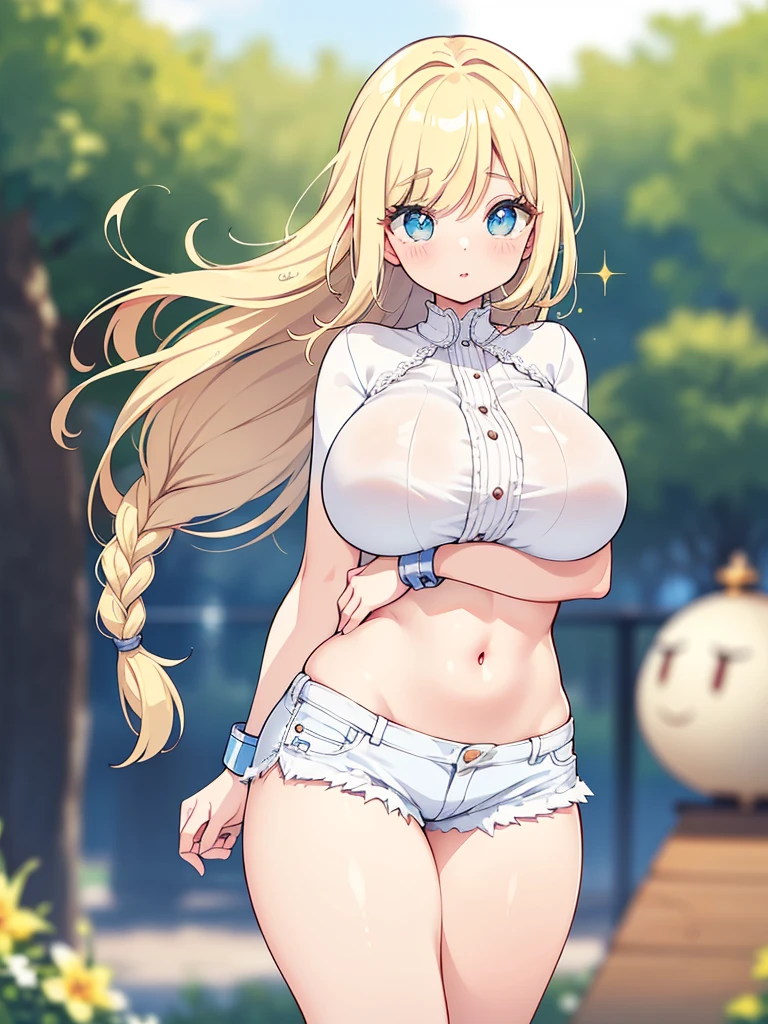 Anime illustration、highest quality、Short high school girl、Cowbell collar、Belly button piercing、Tube top、Cow print knee socks、Perfect proportions、Shopping mall、Clear skies、overwhelmingly big breasts、Beautiful, shining eyes、Cowboy Shot、smile、Excessive sweating、Noise Reduction