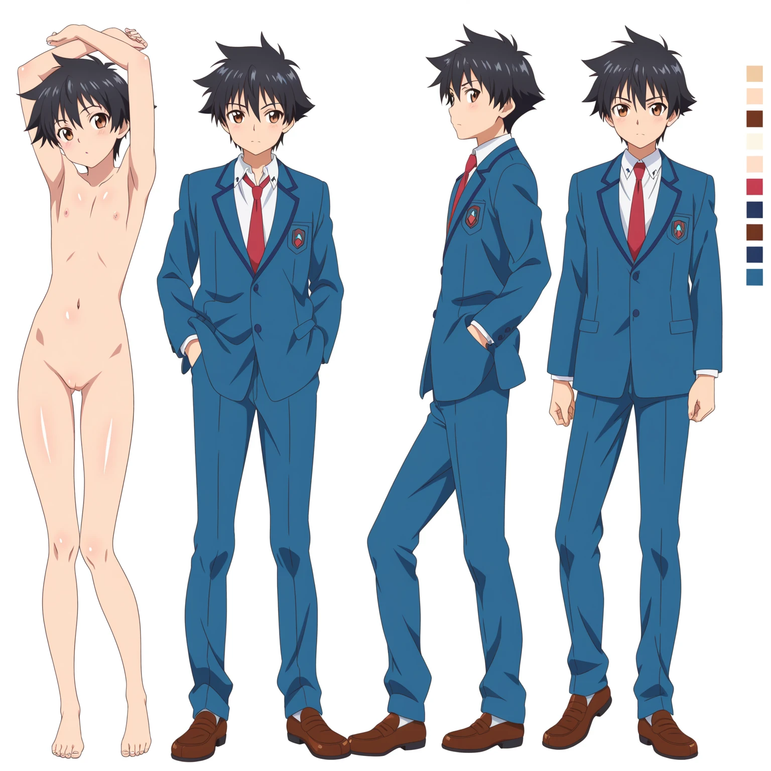 male, full body character sheet, semi naked, black hair, well-built, purple eyes, blue and black hair（simple background，White background：1.3）