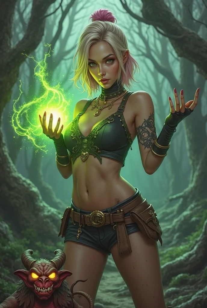(One Woman), One Woman, masutepiece, of the highest quality, posterior view, Queen of the Grey Elves, bikini of, central, Belt bag, Peach Boots, viewer, Face, Portrait, Glowing eyes, Green smoke, Ass, Black background, Raised breasts, Bare skin, facial expression crying, Crying, (Tears), devil's figure, Docking screen, Muscle Girl, Krautin Gregg Open,