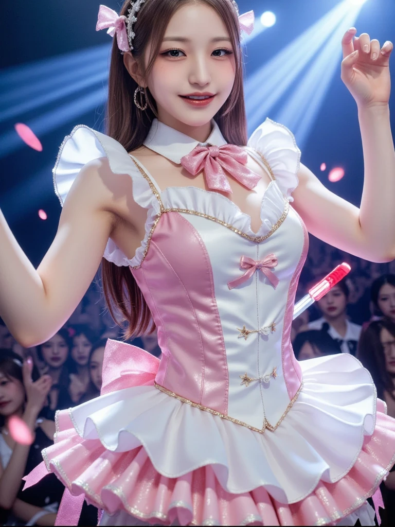 (RAW photo、highest quality)、(realistic、Photoreal:1.3)、highest quality、masterpiece、very delicate and beautiful、A hvery detailed、nffsw、sense of oneness、2k wallpaper、growing up、Beautiful in every detail、masterpiece、light smile、highest quality、Hvery detailed ticker Unity 8K wallpapers、huge file size、Super detailed、High resolution、very detailed、((Euphoric look))、((orgasm:1.2))、((smile:1.15))、((sweating:1.4))、((translucent:1.55、A pink-purple colored sailor uniform bodysuit with a collar that sticks to your skin and shows off your body silhouette beautifully..:1.6))、ribbon、Sailor Hut、double ruffle garter、super cute girl、10th generation、Part of an idol group、(((On the psychedelic stage of a concert「ザ☆ピ〜s!」dancing)))、(spread your legs wide), (Pull your hips back), (Arch the upper body), and place your left hand on your hip.、Right hand salutes with two fingers、Hair is moving、spotlight of、professional lighting、cinematic light、Three-dimensional、viewer'perspective、視聴者のperspective、