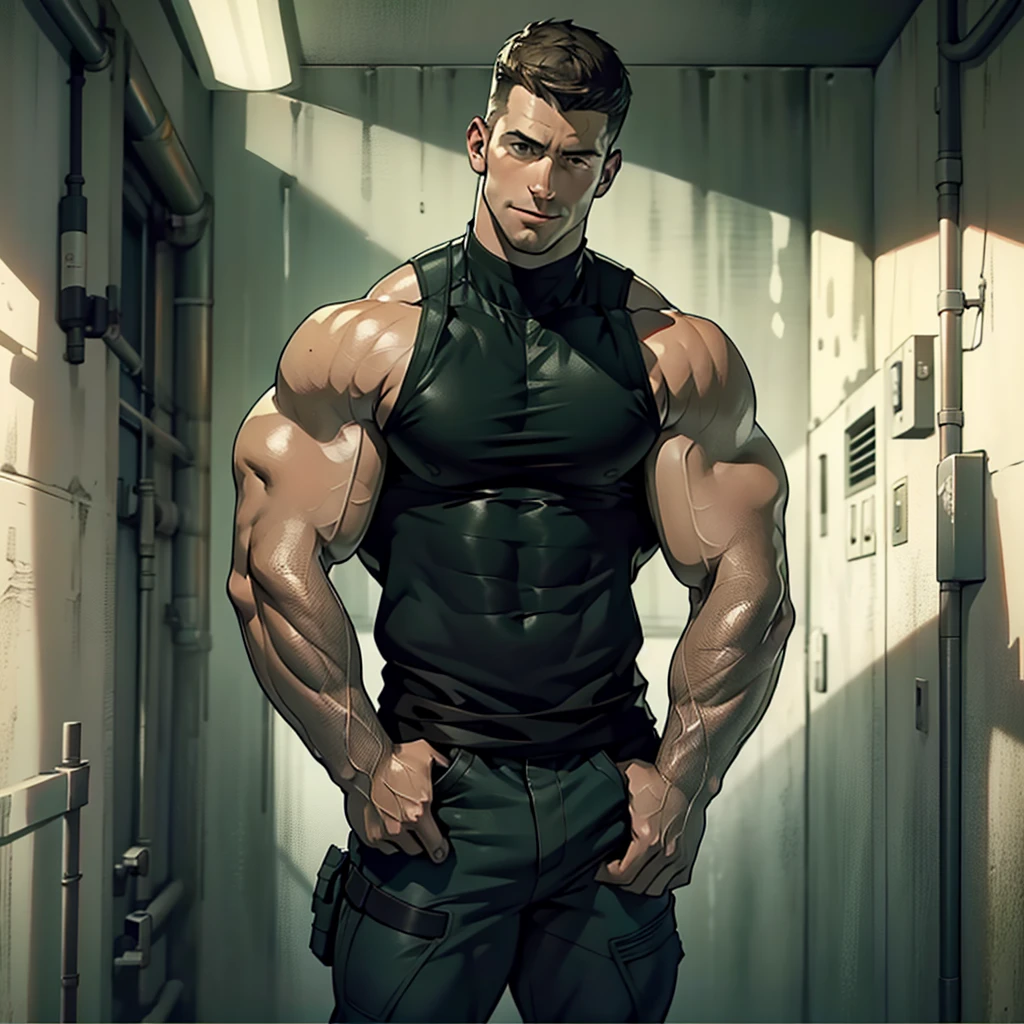 In a masterpiece of high resolution, a 35-year-old man stands alone, elegantly posed against the backdrop of a dark, gloomy hallway. The man is identified as Chris Redfield, renowned for his tactical prowess, and he is dressed in a military tactical suit, highlighted by the green fabric of his tank top, which reveals his well-defined biceps, abs, and chest. The white color on the shoulder of his tank top features the iconic B.S.A.A. logo, adding an air of professionalism to the image.

With a smirk on his face, Chris Redfield towers over the scene, a sign of his dominance and