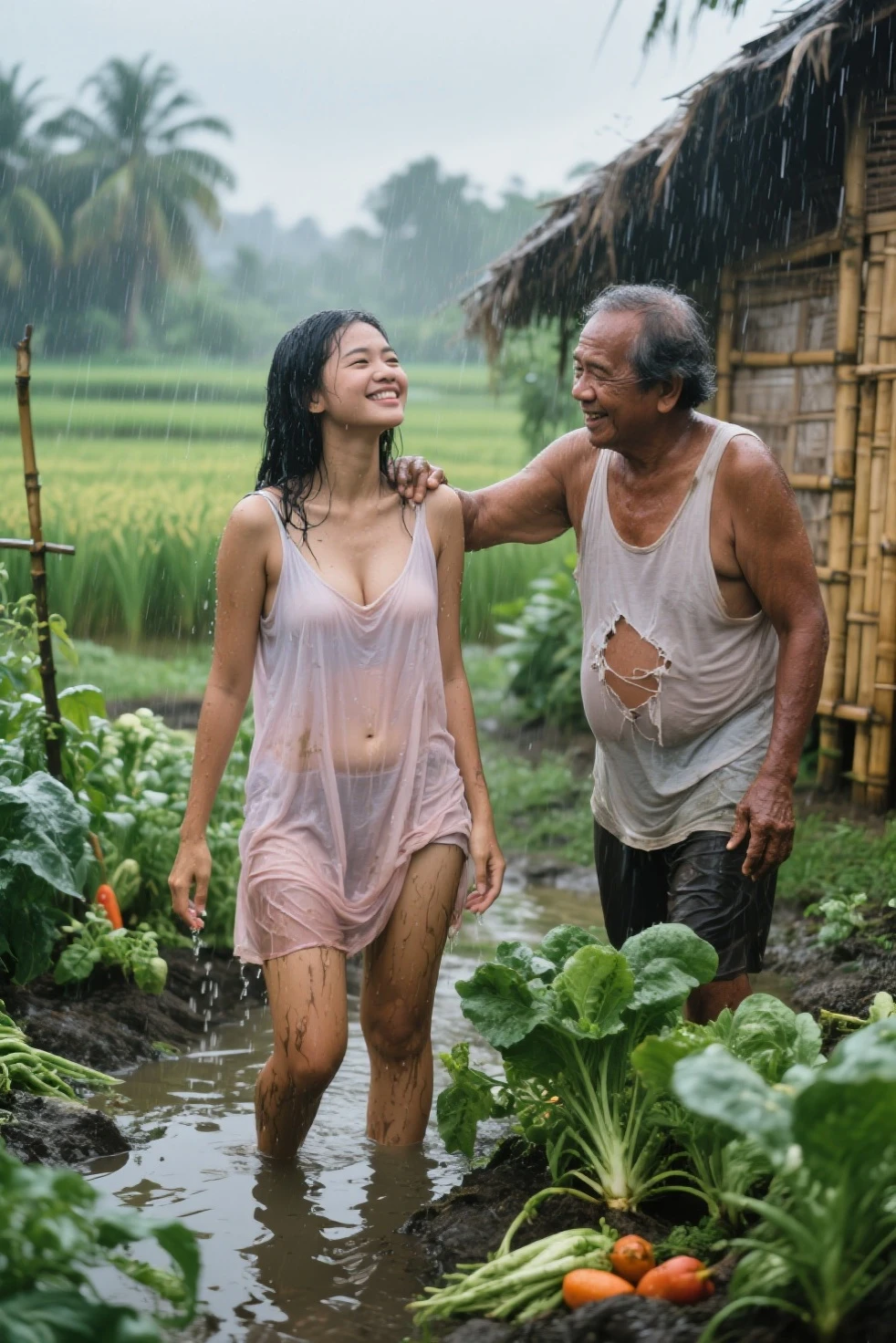 A realistic photograph showing a large, athletic Indonesian man with fair skin wearing a very short white batik sarong, carrying a beautiful young woman with fair skin on his shoulders. The weather is very rainy with strong winds and flashing lightning, causing them both to become drenched. They are holding hands and kissing.