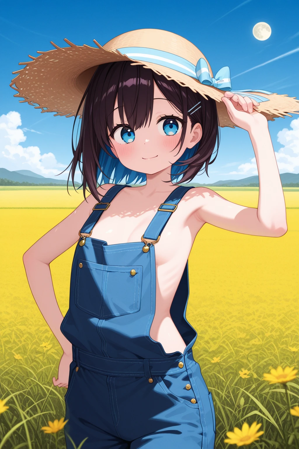 ((Highest quality)), ((masterpiece)), (detailed), (One girl),((Japanese)),10 years old, Black Hair,(Childish face), (Bob Hair), Girl ,Medium Breasts , ((Blue eyes)),shy-smile , ((Naked)),((topless)), Sunlight , Overalls ,((upper body)) ,Plateau, lake, Straw hat,