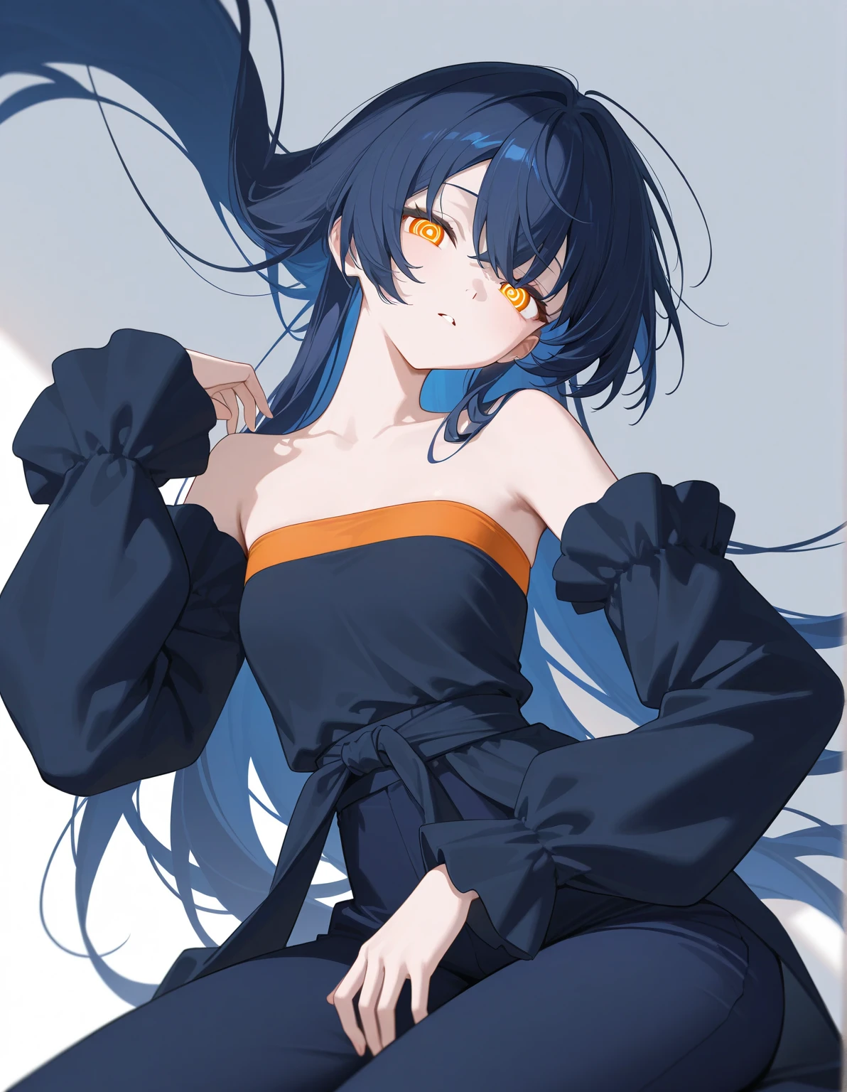 1boy，娇柔，unbuttoned shirt，long hair，bare shoulders，open clothes，sleeves past wrists，navel，midriff，sitting，head tilt，blue hair，straight-on，simple background，clothes pull，covered clothes，blush，open mouth。