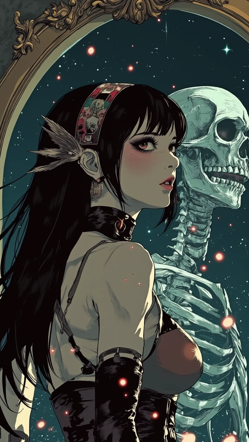 Wear a kimono with a skeleton pattern,Naked Women,Large Breasts,Big Breasts,There is a torii gate in the background.,The genitals are visible,