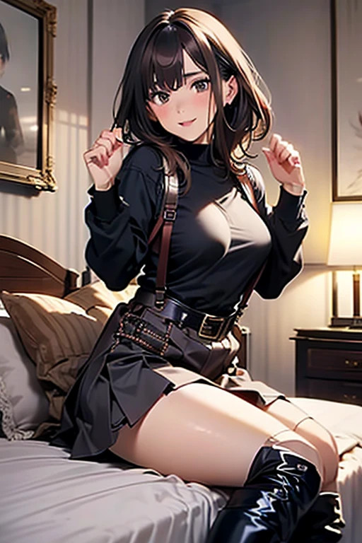 ubel,dark green hair,long hair,side ponytail,hair between eyes,bangs,  (beret, black jacket, open clothes, cleavage, midriff, (Make the subject look three-dimensional with the contrast of light and shadow),Cute and beautiful 22yo girl,(masterpiece:1.2), best quality, high resolution, unity 8k wallpaper, (illustration:0.8), (beautiful detailed eyes:1.6), extremely detailed face, perfect lighting, extremely detailed CG, (perfect hands, perfect anatomy),(brown eyes: 1.1),Brown hair,watching at viewers,black suspenders,(Bulging ,big breasts:1.1),tacticul jacet,Black miniskirt,garters,Gaze,Small face,bangss,holster,Belt Armament,Beautuful Women　srestrained,hands up,sitting Lying in bed,Leg holster ,Gaze,black boots,panty shot, extremely detailed face, perfect lighting, extremely detailed CG,